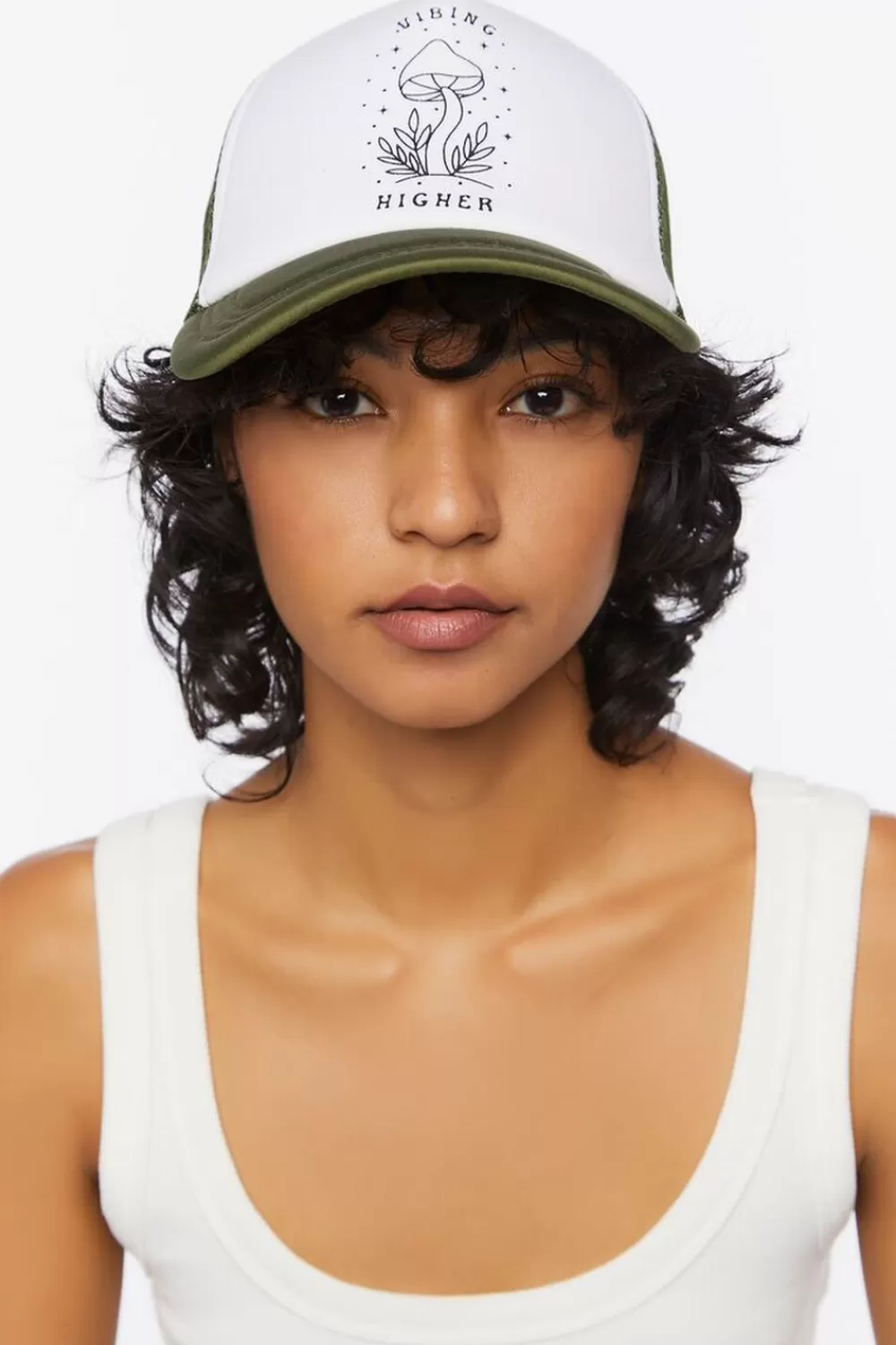 Hats + Beanies>Forever 21 Mushroom Graphic Trucker Hat Olive/Multi