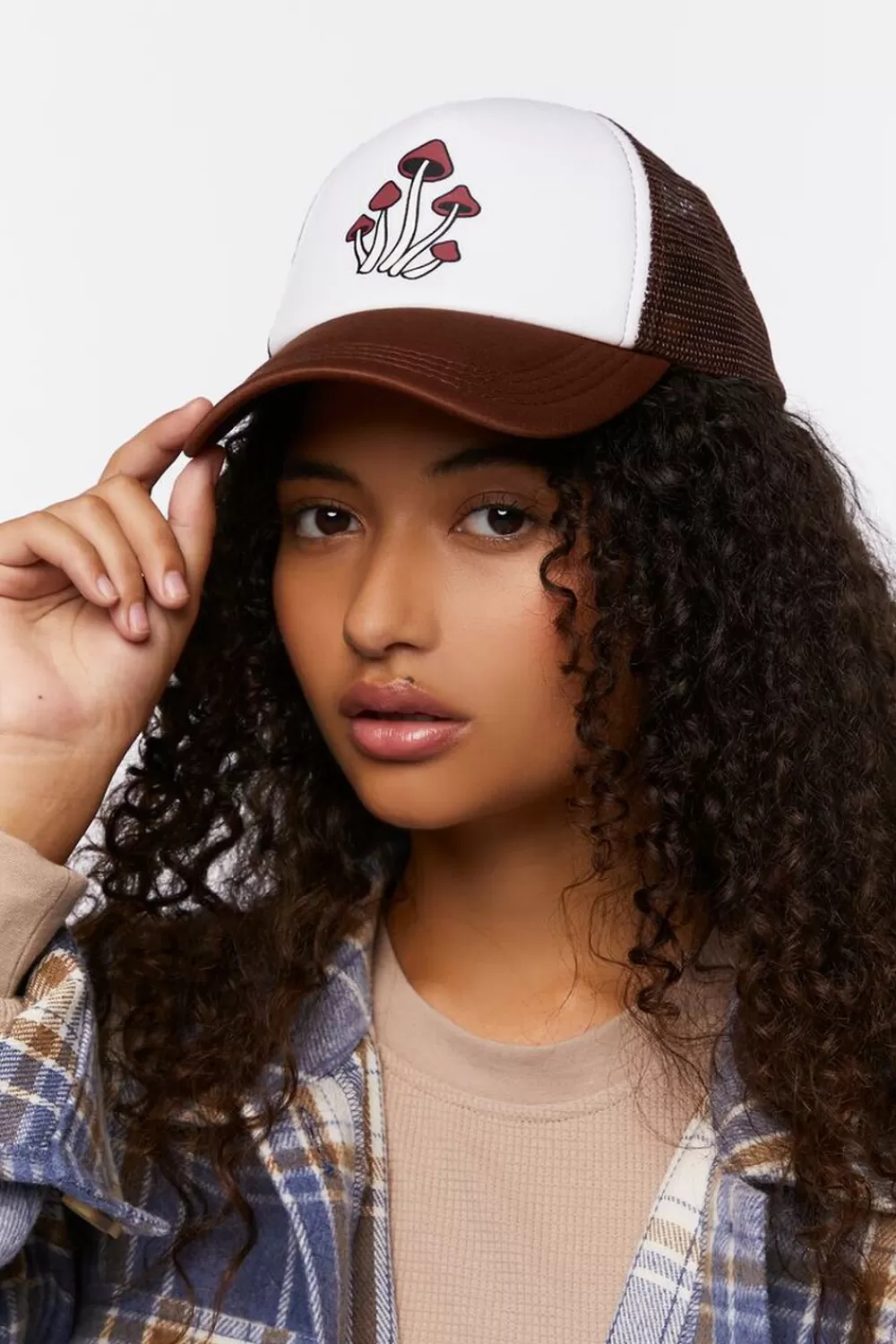 Hats + Beanies>Forever 21 Mushroom Graphic Trucker Hat Brown/Multi