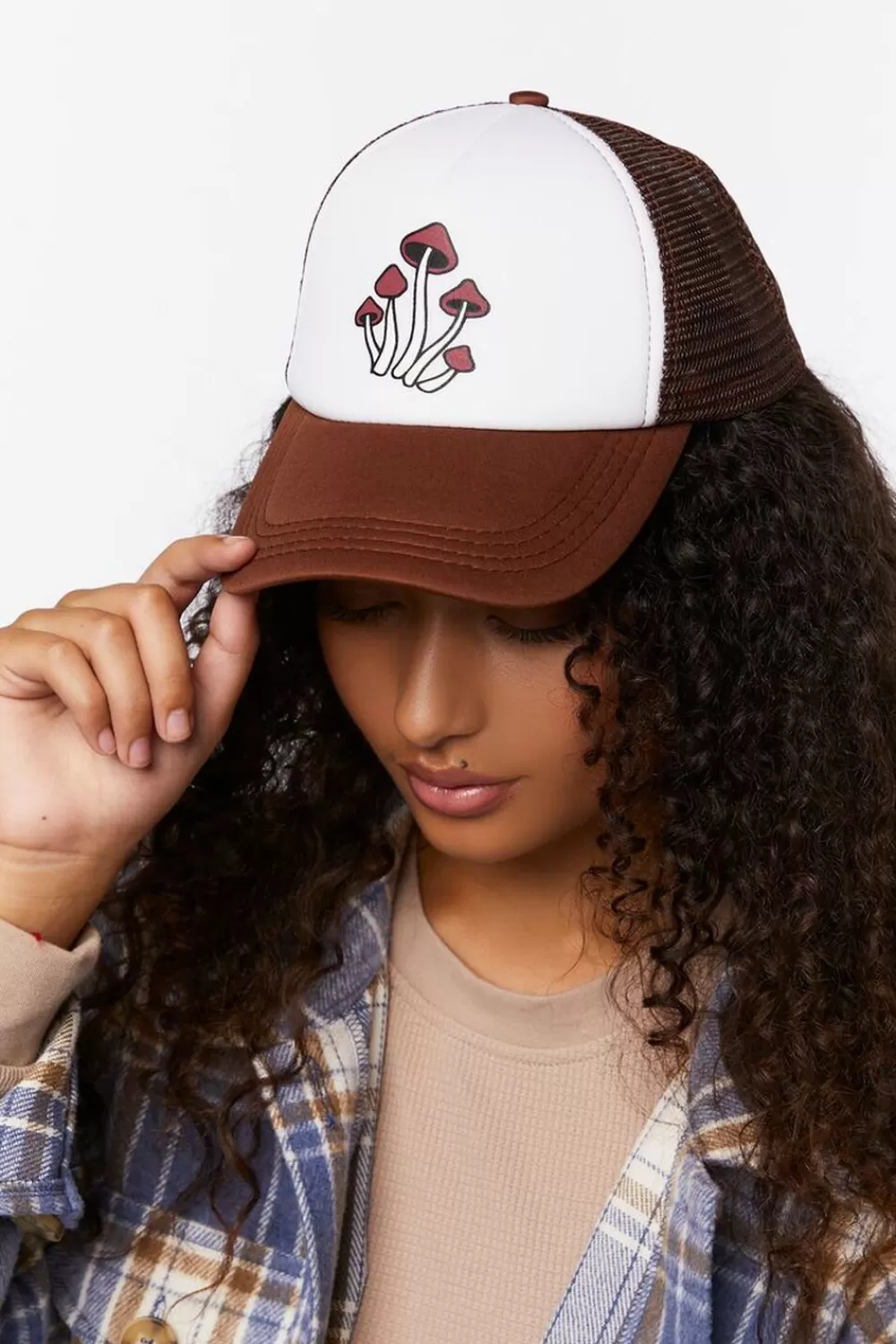 Hats + Beanies>Forever 21 Mushroom Graphic Trucker Hat Brown/Multi