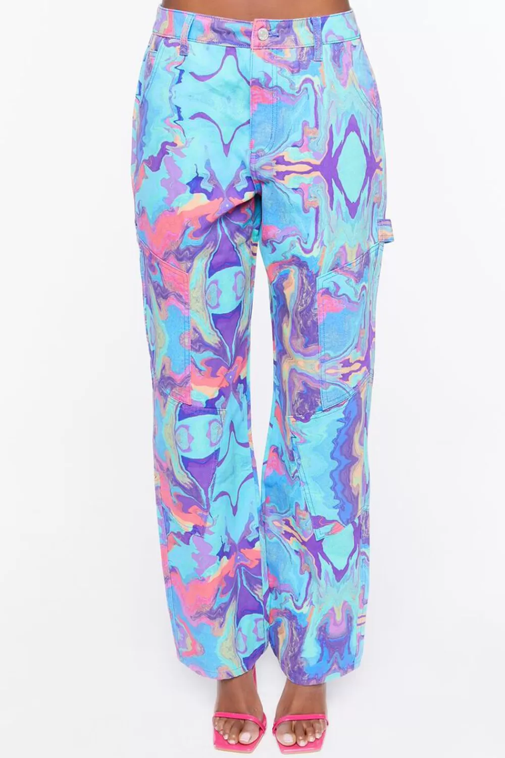 Bottoms>Forever 21 Oil Slick Print High-Rise Pants Blue/Multi