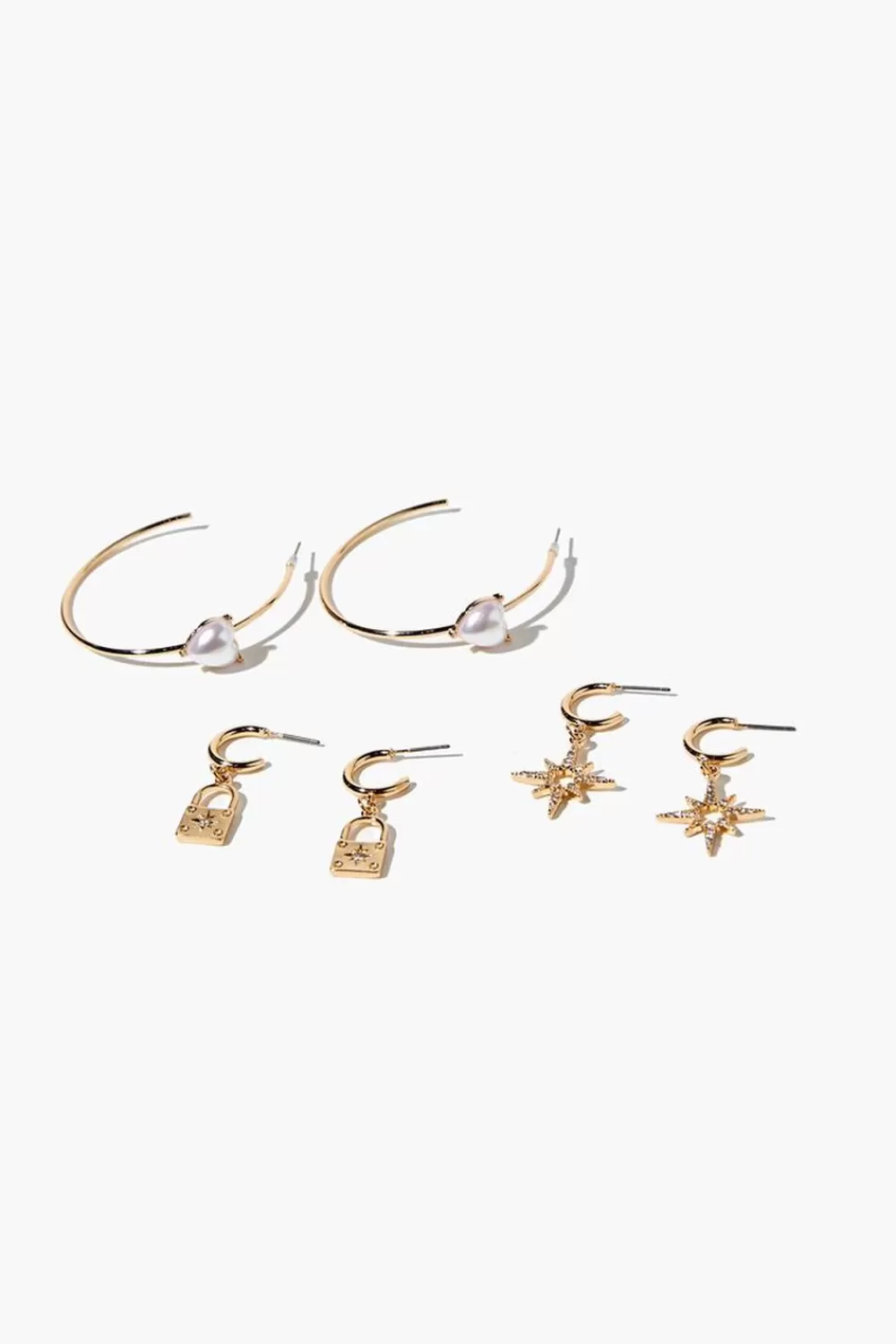 Earrings>Forever 21 Open-End Hoop & Drop Earring Set Cream/Gold