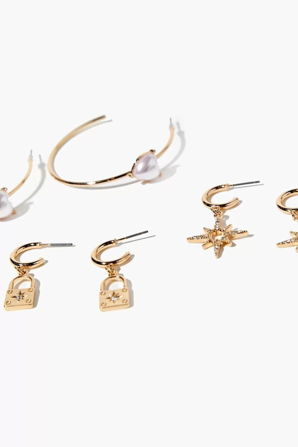 Earrings>Forever 21 Open-End Hoop & Drop Earring Set Cream/Gold