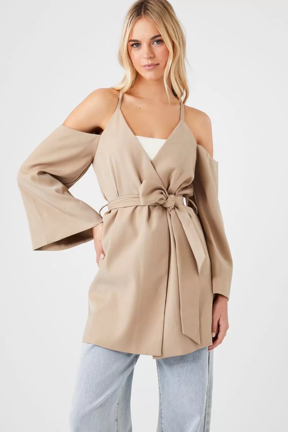 Jackets + Outerwear>Forever 21 Open-Shoulder Wrap Jacket Khaki