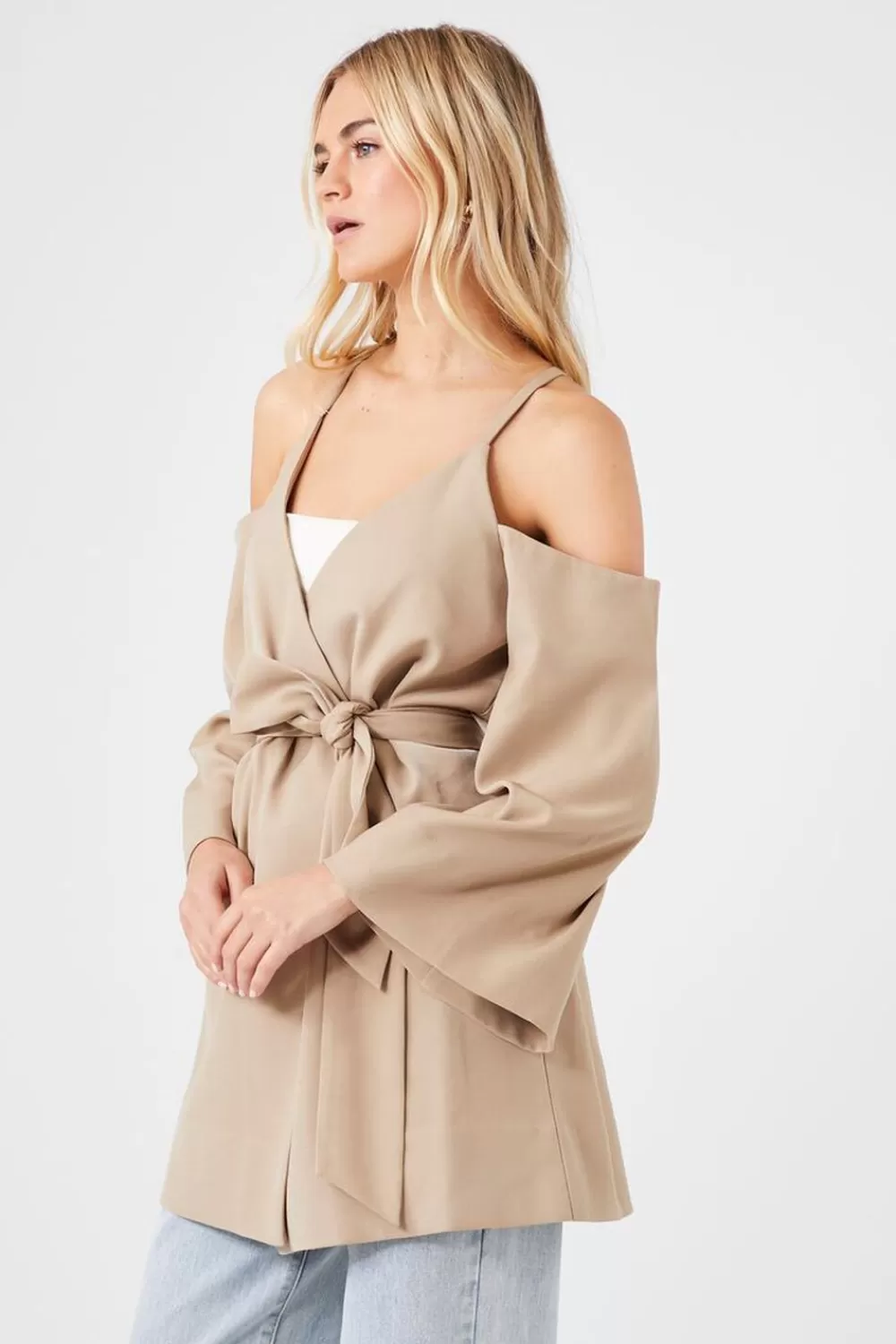 Jackets + Outerwear>Forever 21 Open-Shoulder Wrap Jacket Khaki