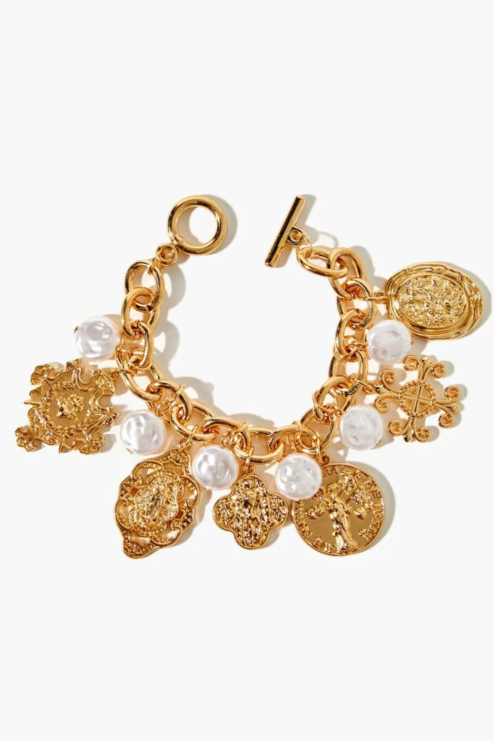 Bracelets>Forever 21 Ornate Faux Pearl Charm Bracelet Gold