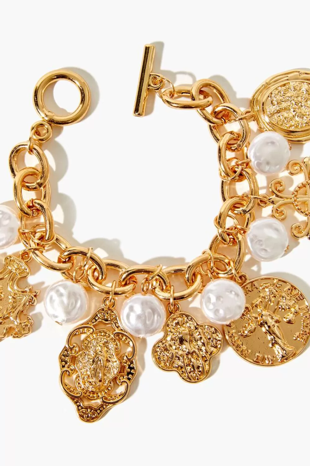 Bracelets>Forever 21 Ornate Faux Pearl Charm Bracelet Gold