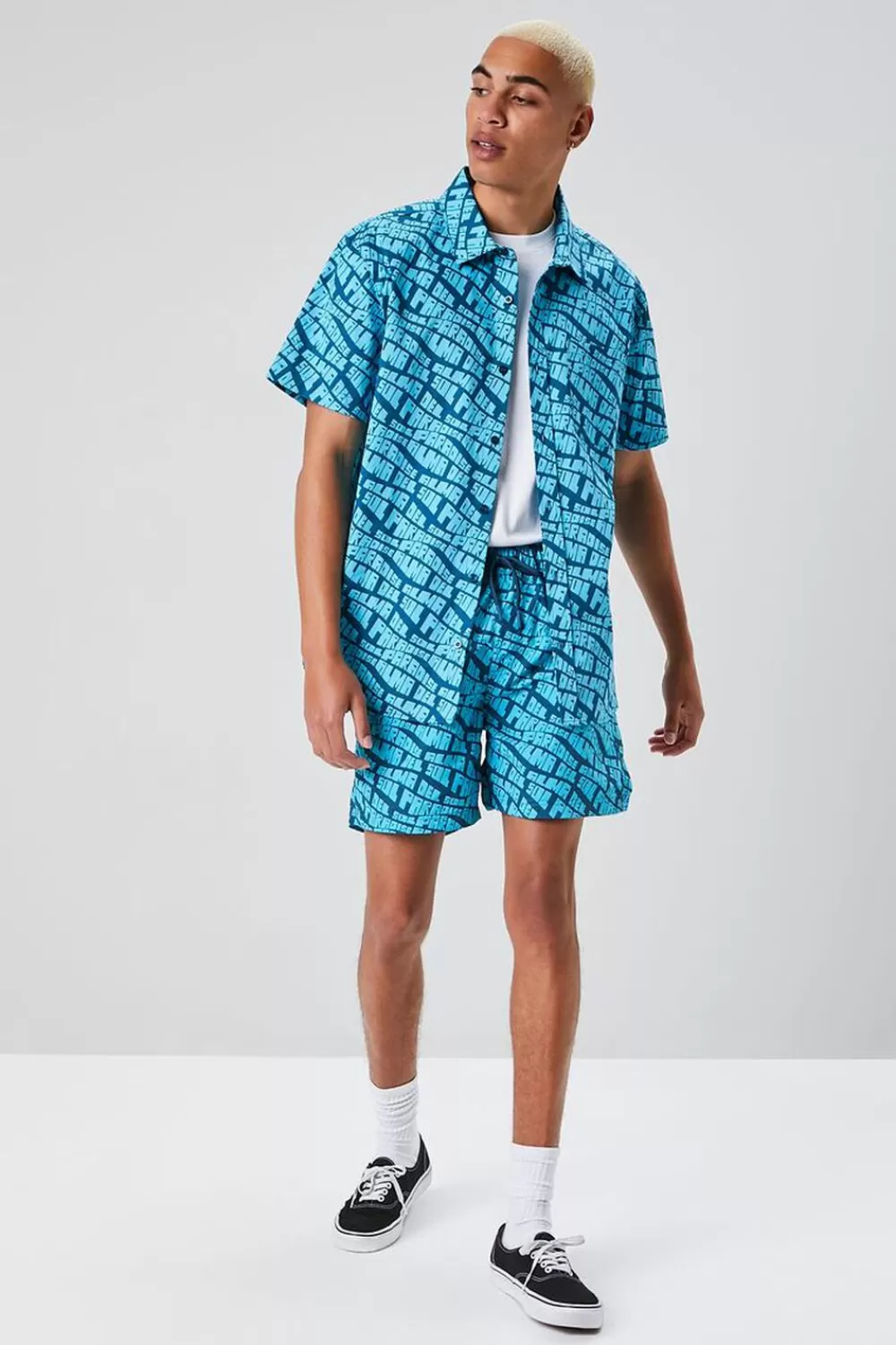 Bottoms>Forever 21 Paradise Print Drawstring Swim Trunks Dark Blue/Teal
