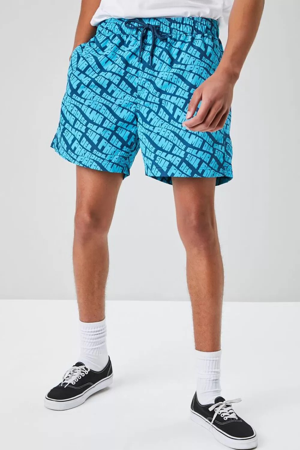 Bottoms>Forever 21 Paradise Print Drawstring Swim Trunks Dark Blue/Teal