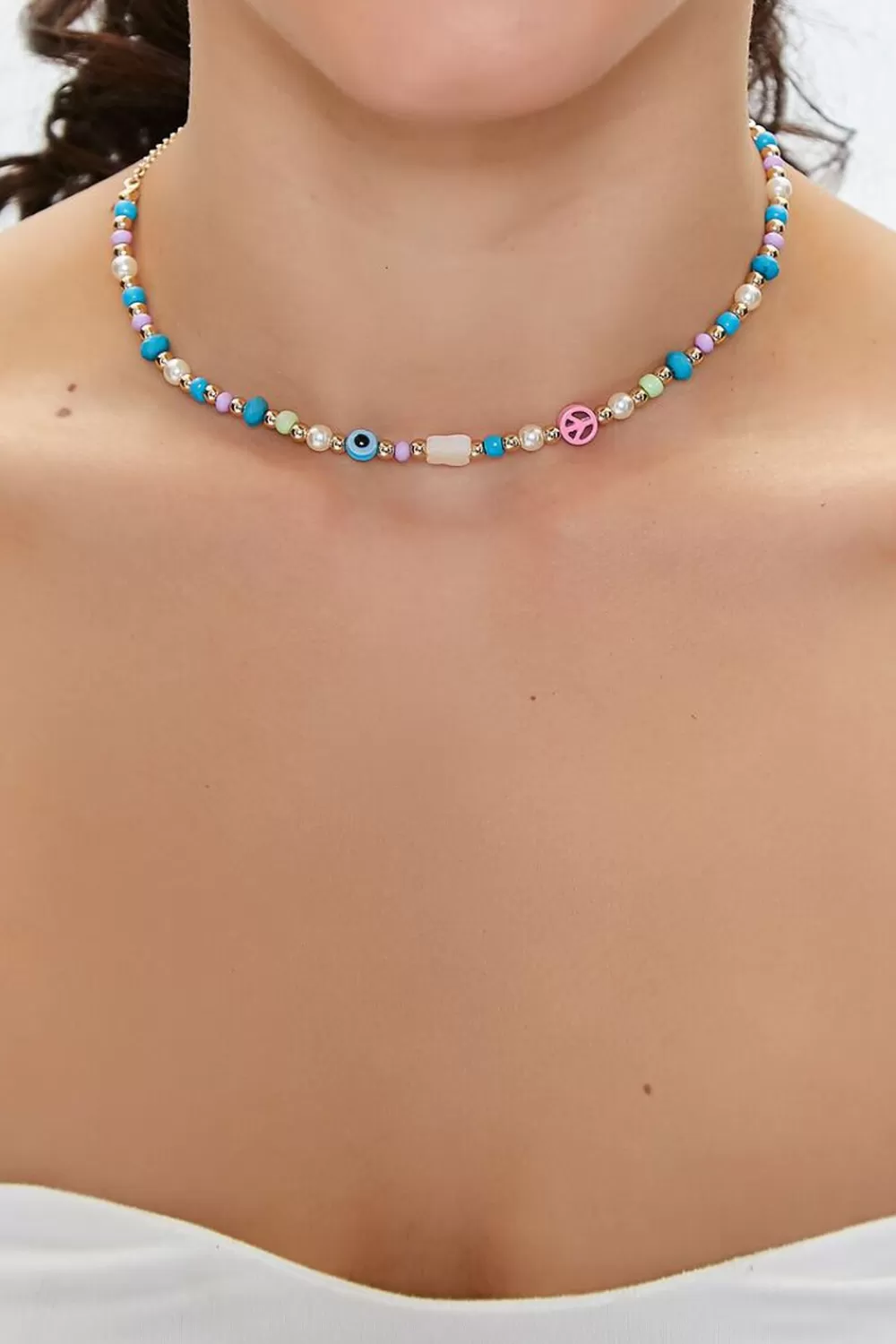 Necklaces>Forever 21 Peace Sign Beaded Chain Necklace Pink/Multi