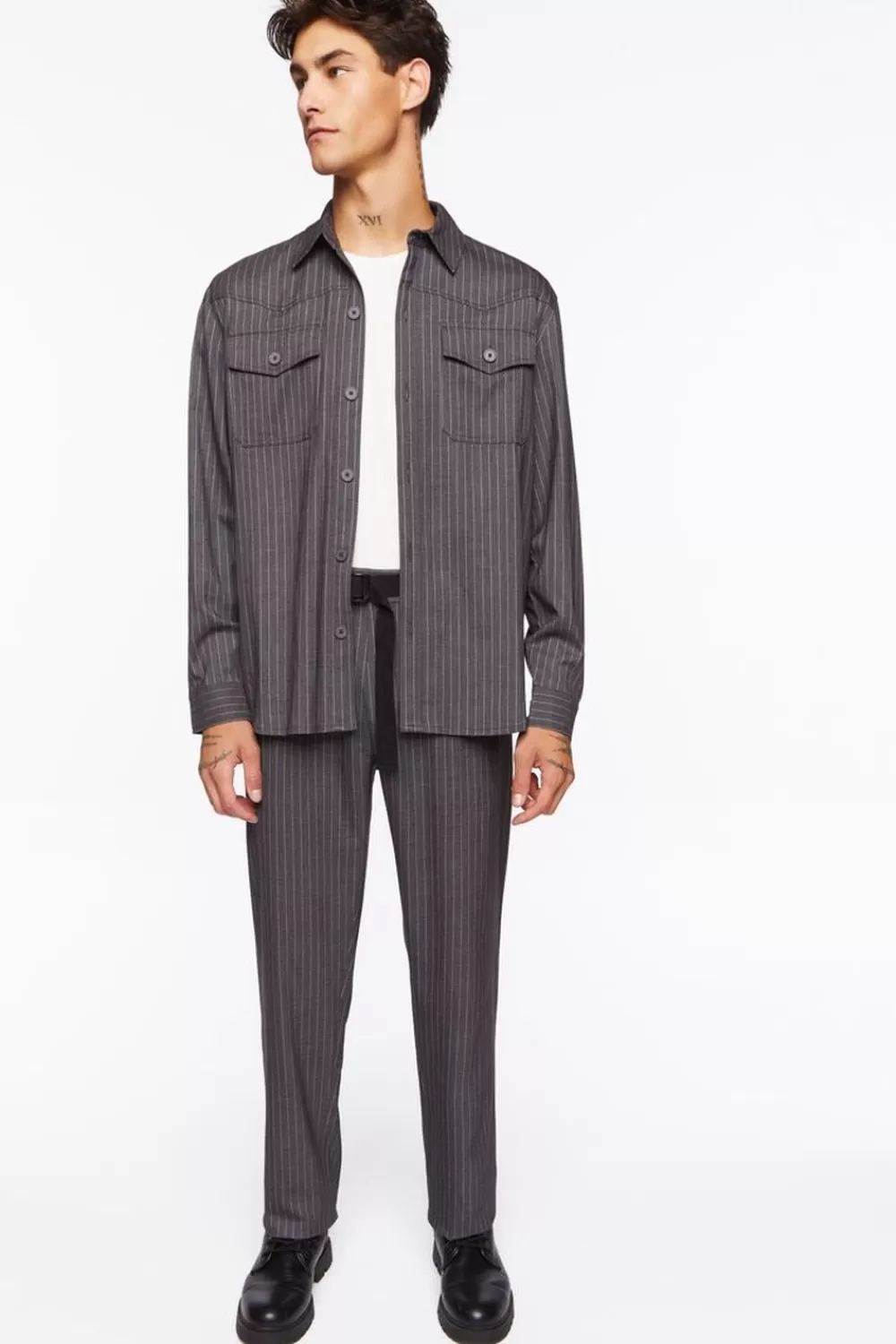 Bottoms>Forever 21 Pinstriped Belted Trousers Charcoal/White