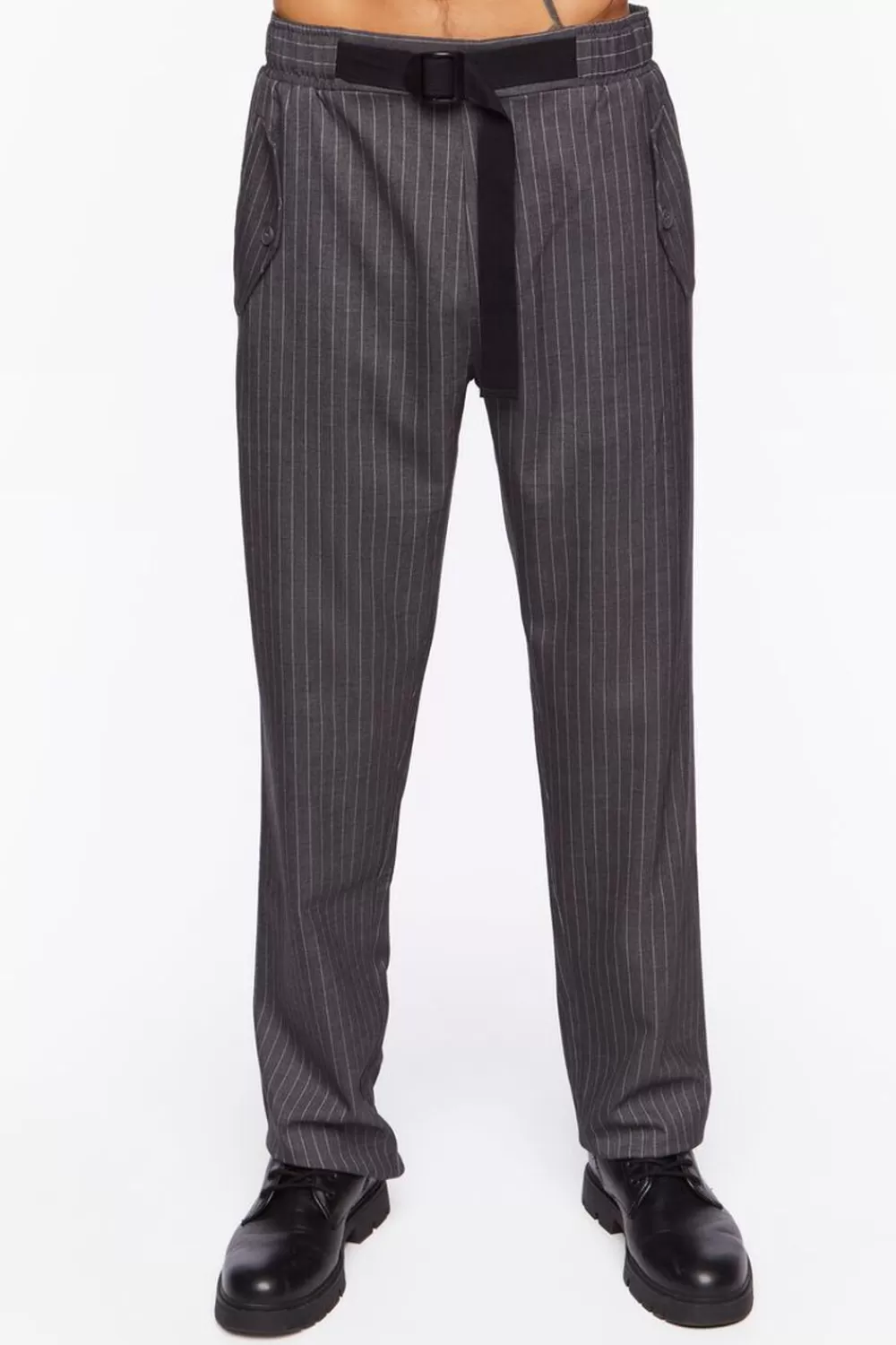 Bottoms>Forever 21 Pinstriped Belted Trousers Charcoal/White