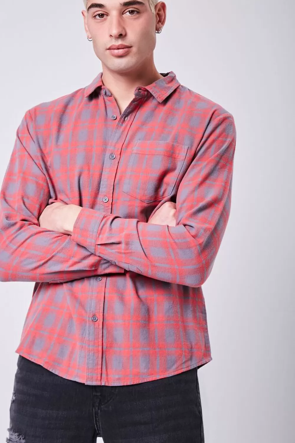 Shirts>Forever 21 Plaid Button-Front Shirt Red/Grey