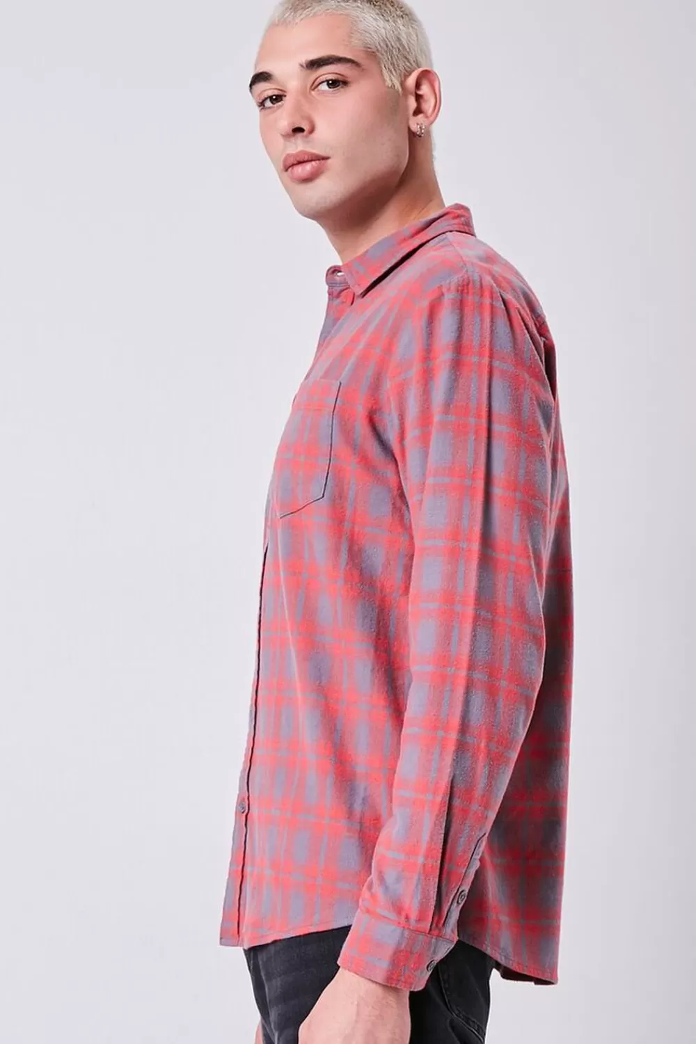 Shirts>Forever 21 Plaid Button-Front Shirt Red/Grey