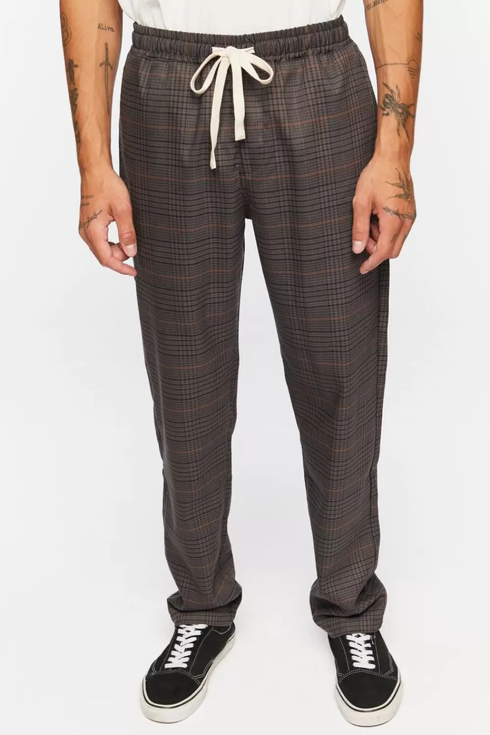 Bottoms>Forever 21 Plaid Drawstring Trousers Charcoal/Multi