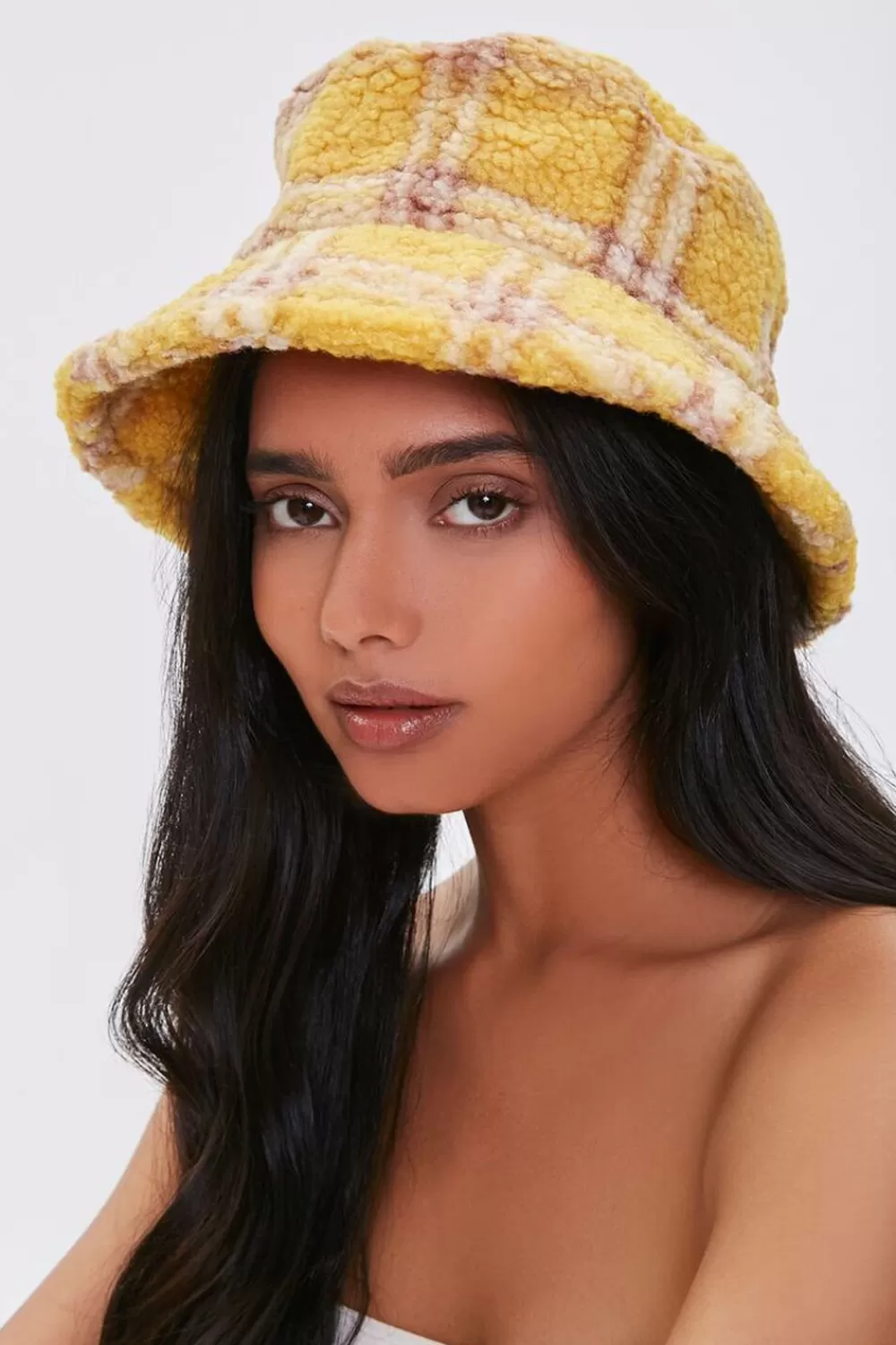 Hats + Beanies>Forever 21 Plaid Faux Shearling Bucket Hat Mustard/Multi