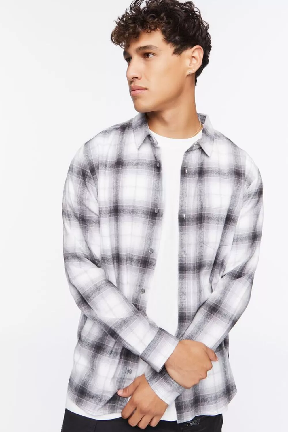 Shirts>Forever 21 Plaid Flannel Shirt White/Grey
