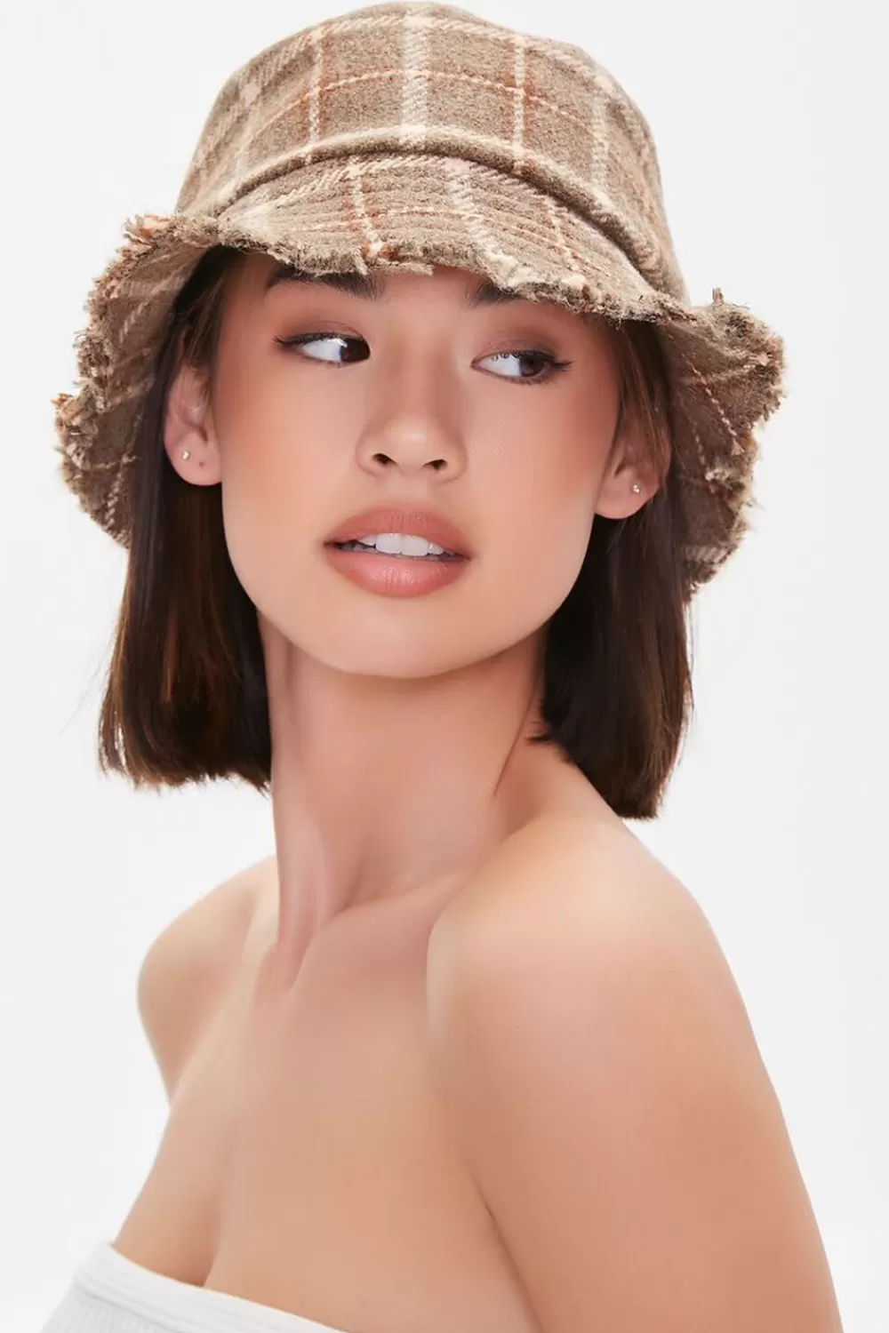 Hats + Beanies>Forever 21 Plaid Frayed Bucket Hat Brown/Multi