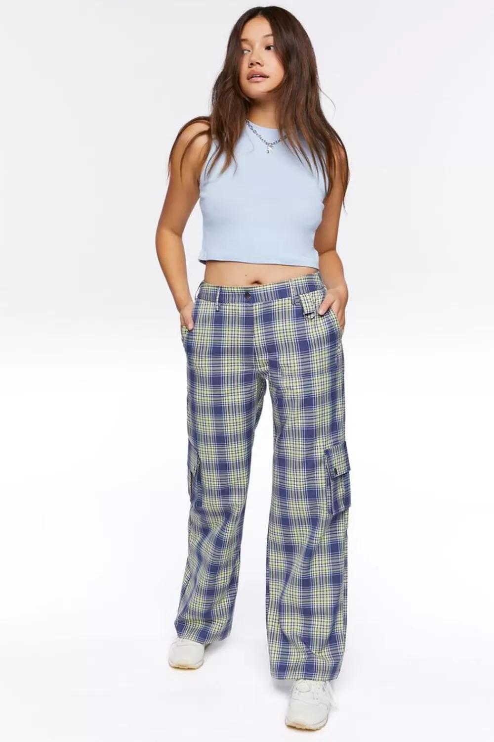 Bottoms>Forever 21 Plaid High-Rise Cargo Pants Blue/Yellow