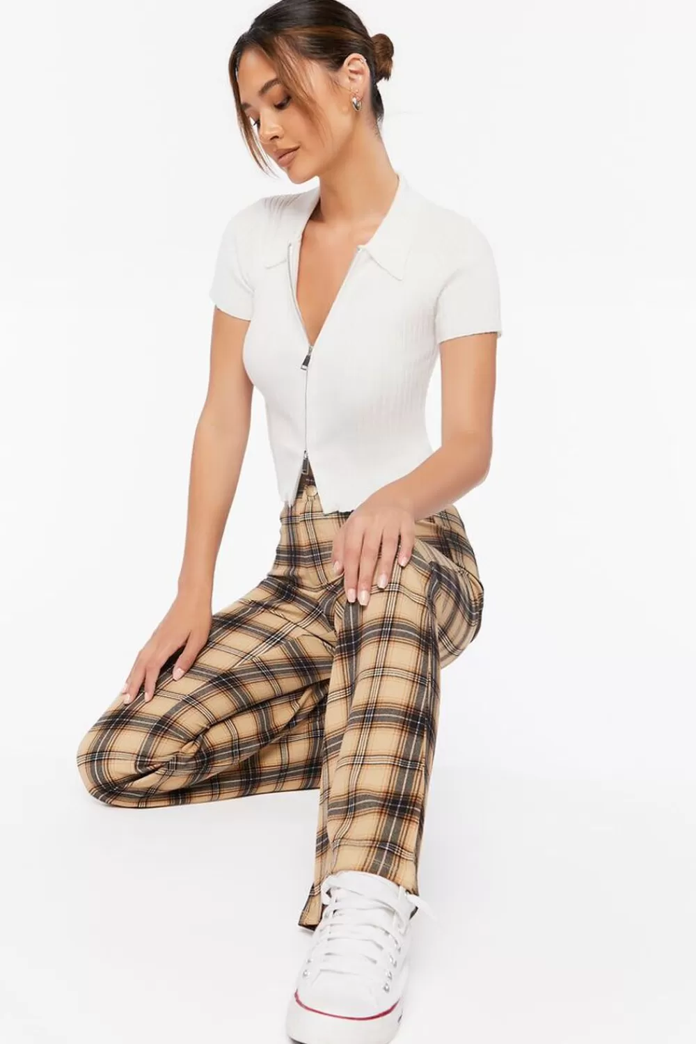 Bottoms>Forever 21 Plaid High-Rise Flare Pants Taupe/Multi