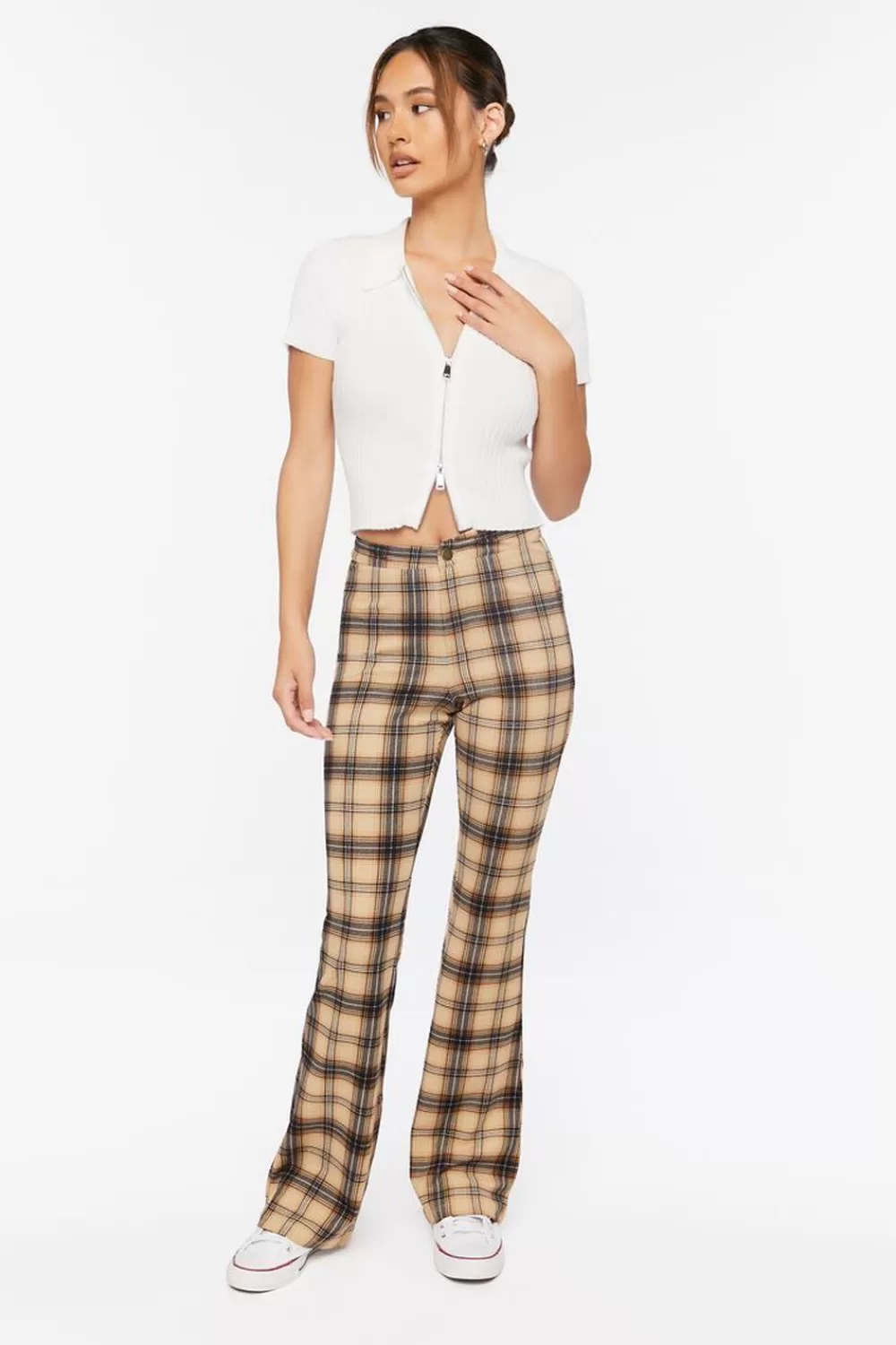 Bottoms>Forever 21 Plaid High-Rise Flare Pants Taupe/Multi