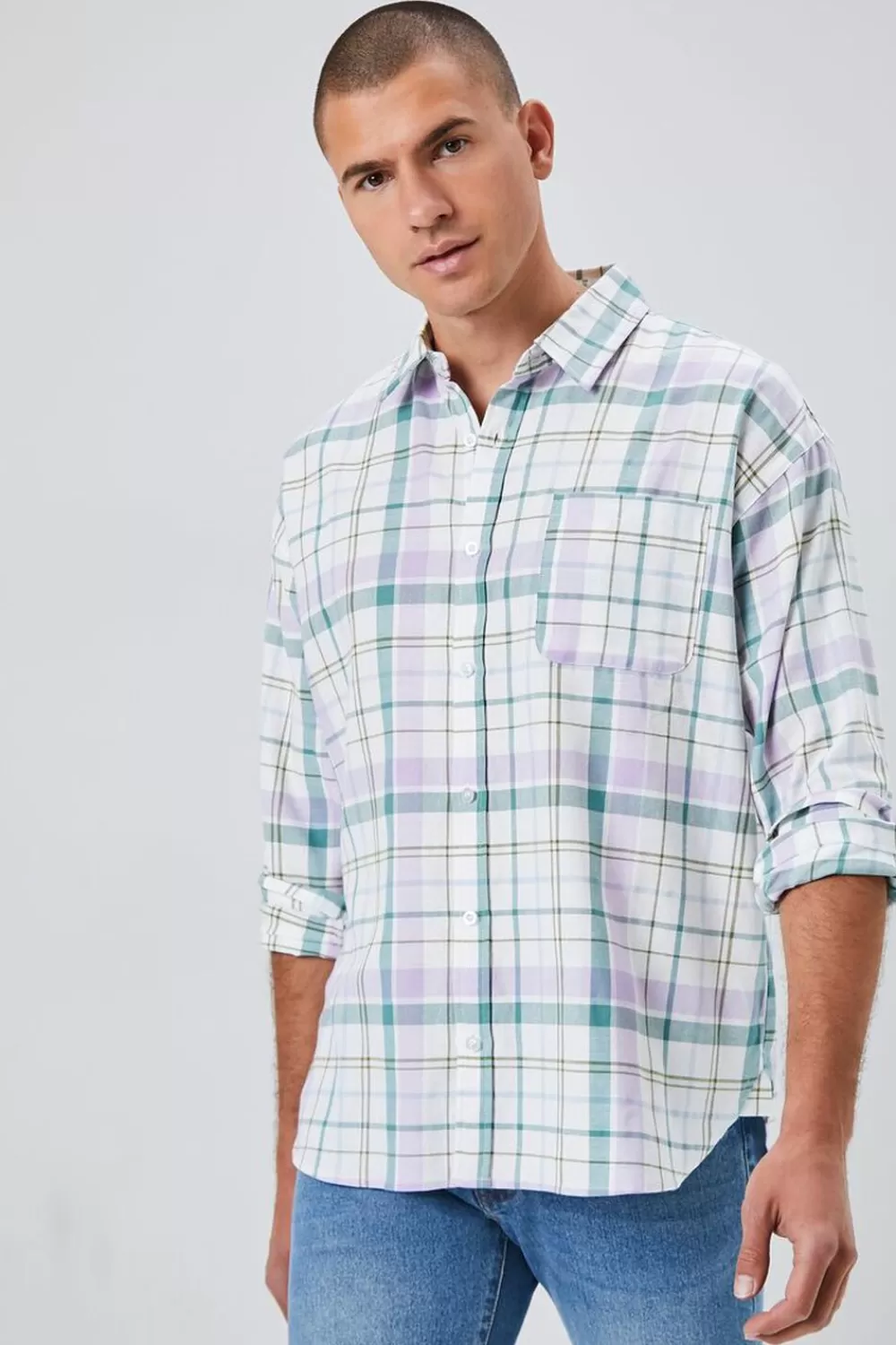 Shirts>Forever 21 Plaid Linen-Blend Shirt White/Multi
