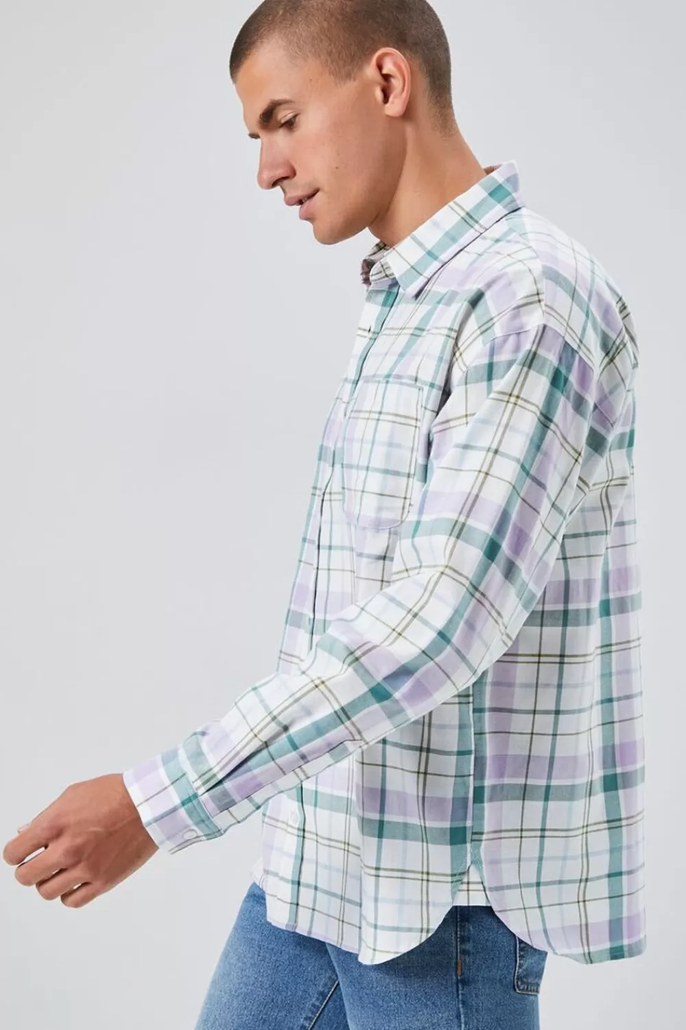 Shirts>Forever 21 Plaid Linen-Blend Shirt White/Multi