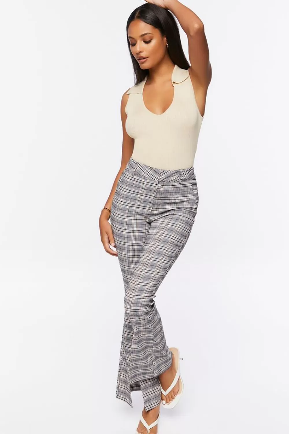 Bottoms>Forever 21 Plaid Split-Hem Flare Pants Grey/Multi