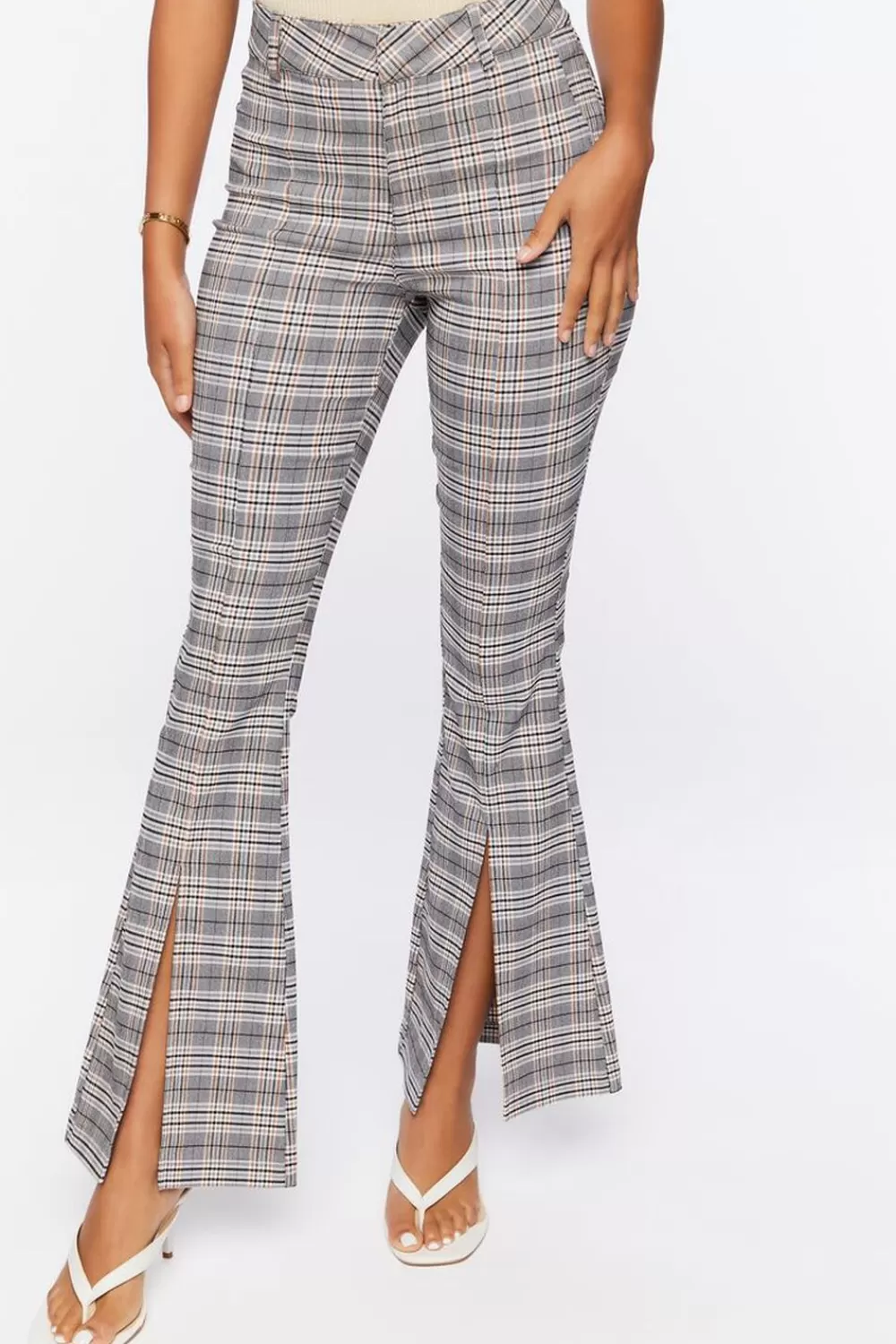 Bottoms>Forever 21 Plaid Split-Hem Flare Pants Grey/Multi