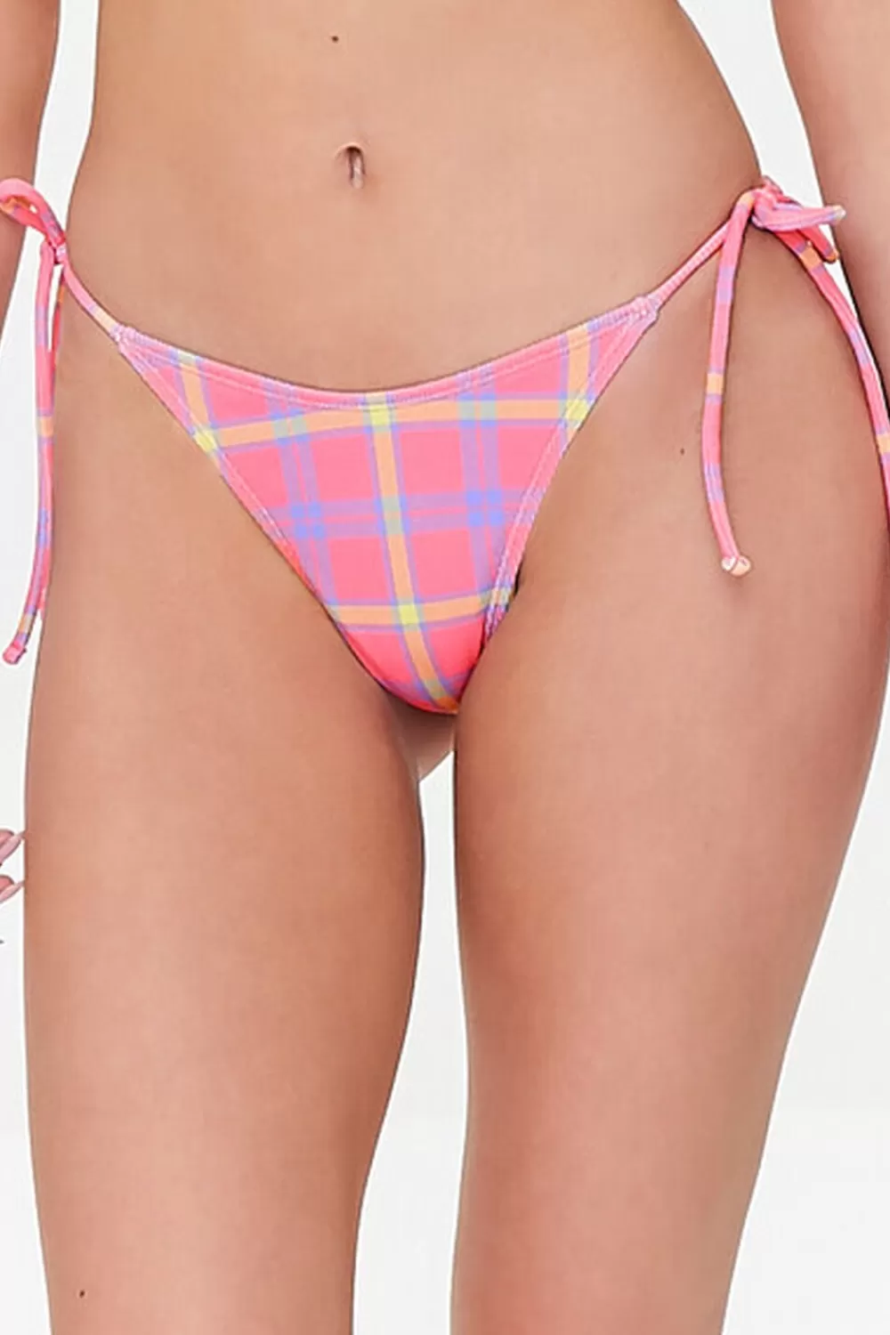 Matching Sets>Forever 21 Plaid String Bikini Bottoms Super Pink/Multi
