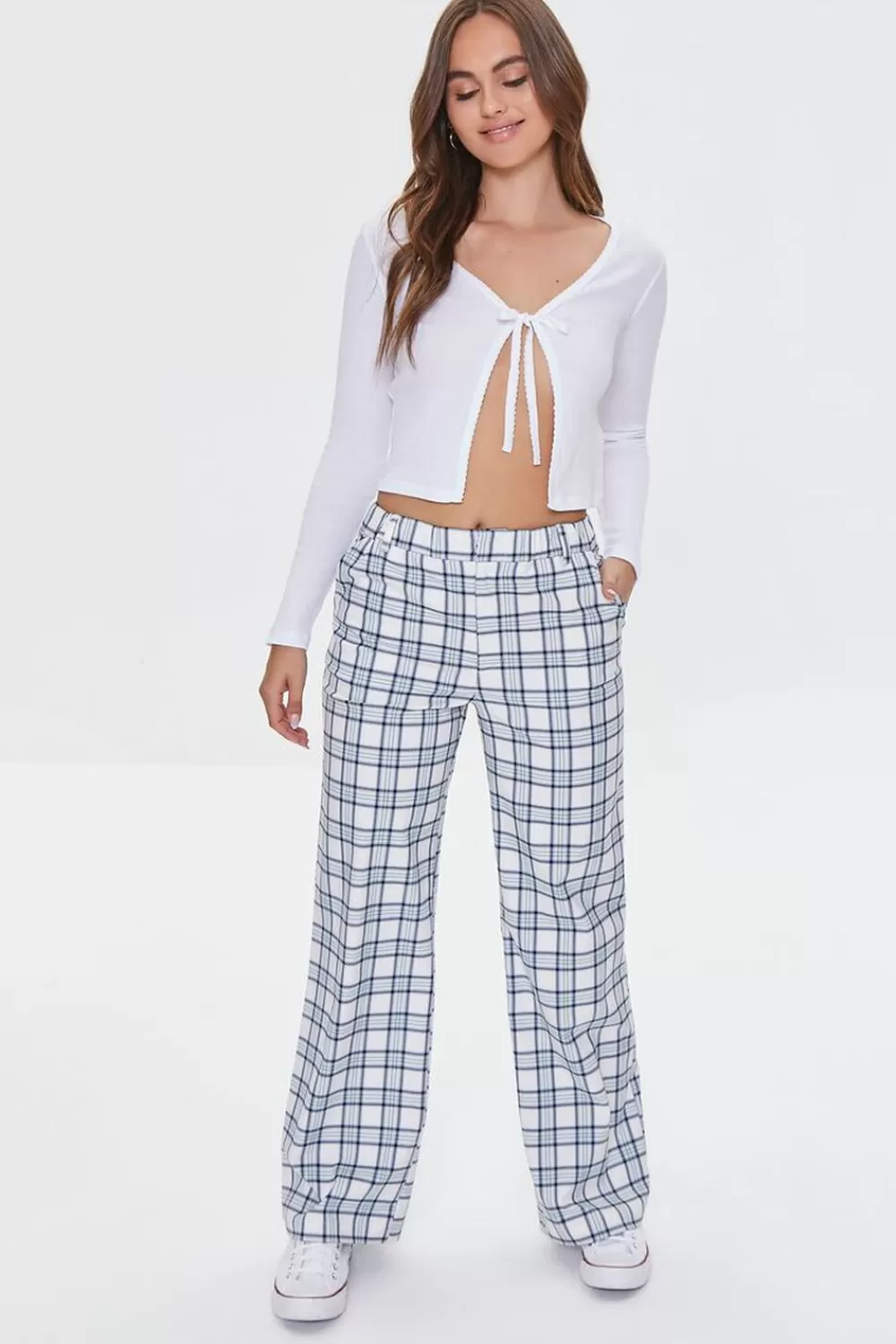 Bottoms>Forever 21 Plaid Wide-Leg Pants Blue/White