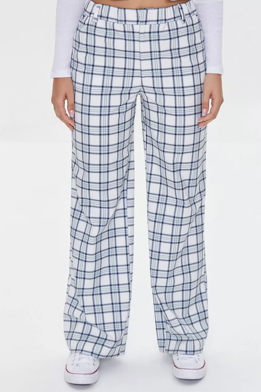 Bottoms>Forever 21 Plaid Wide-Leg Pants Blue/White