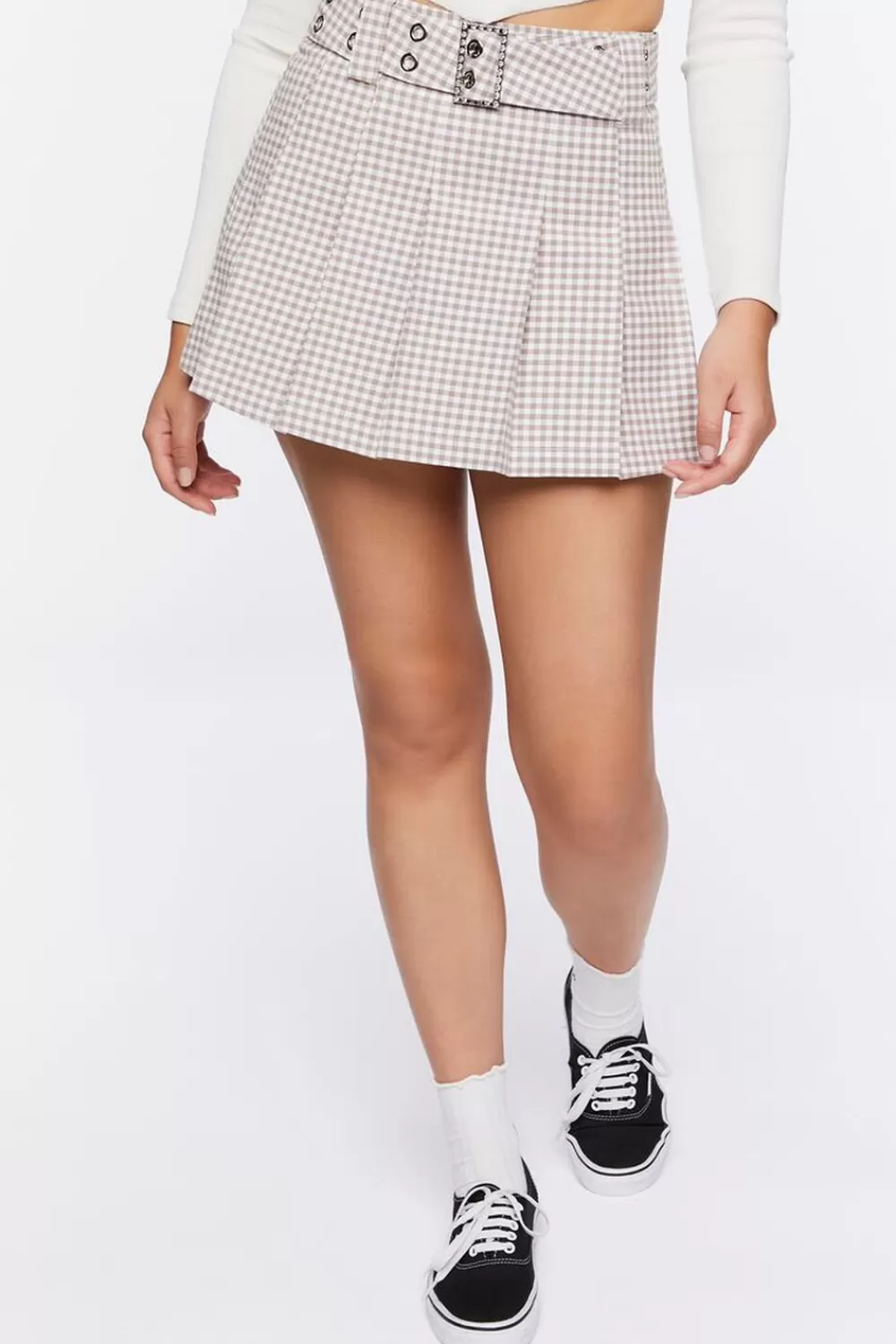 Bottoms>Forever 21 Pleated Gingham Mini Skirt Taupe/Multi