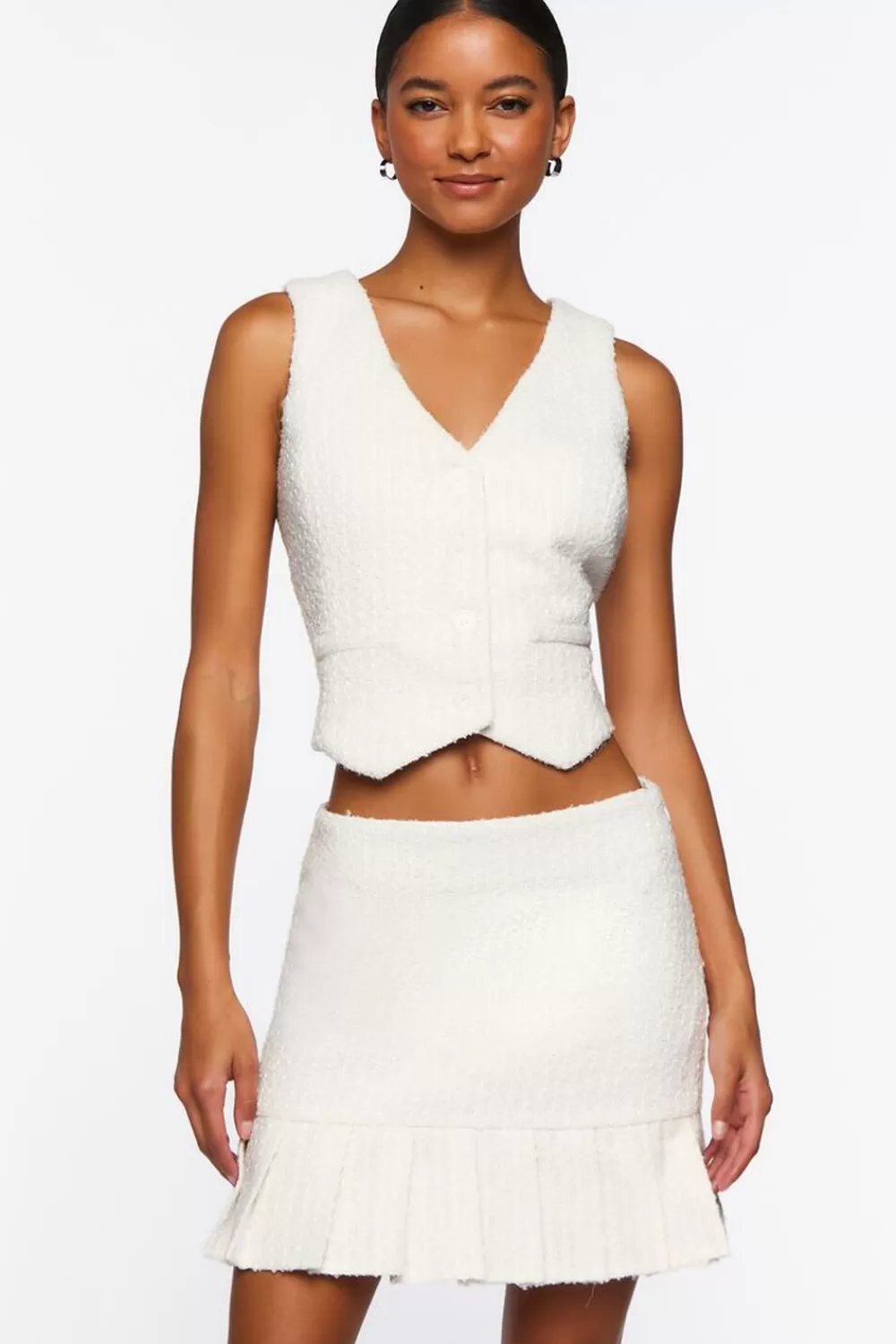 Matching Sets>Forever 21 Pleated Tweed Drop-Waist Skirt White/White