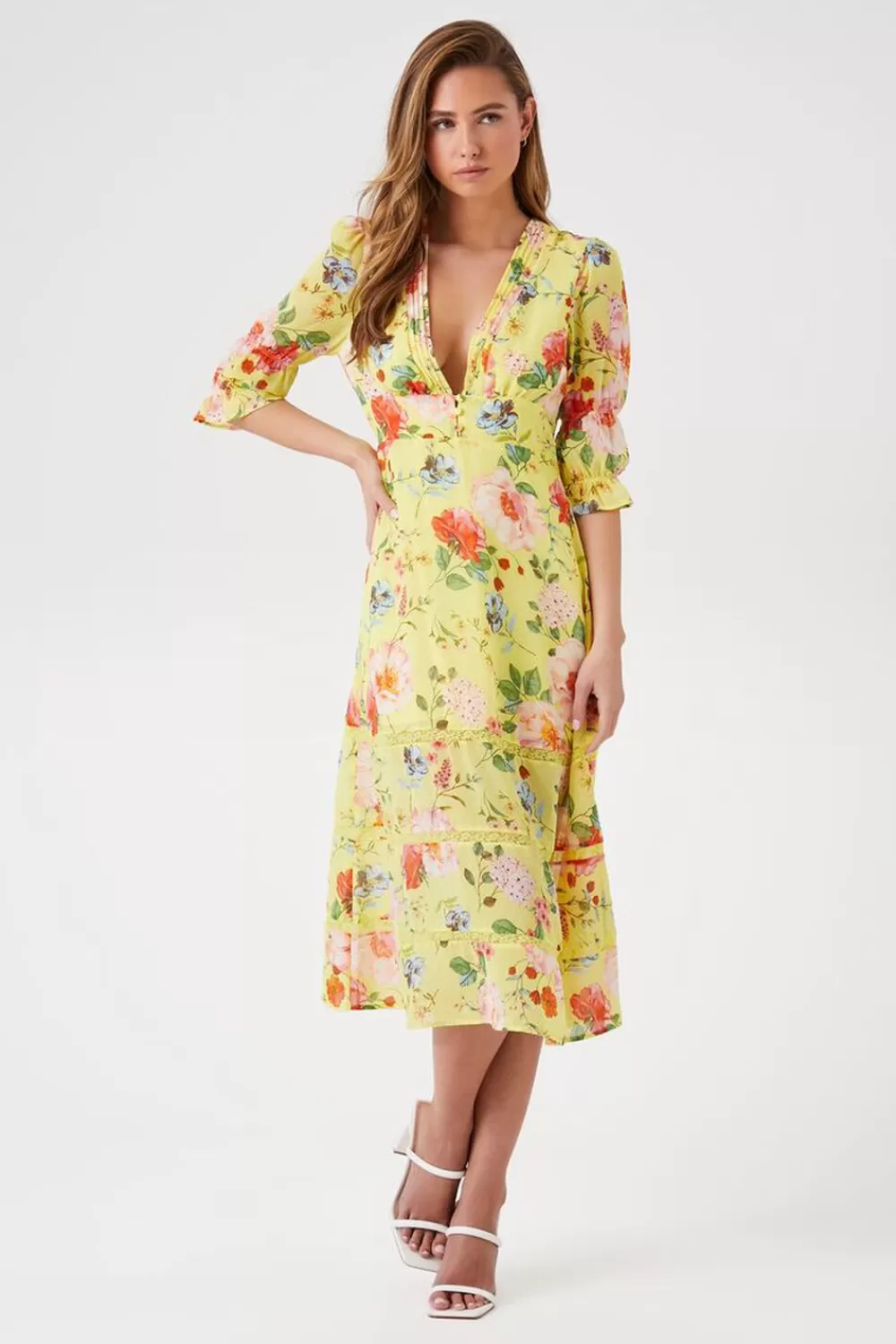 Forever 21 Plunging Floral Chiffon Midi Dress | Women Dresses