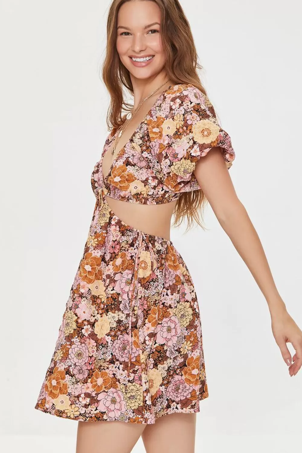 Dresses>Forever 21 Plunging Floral Mini Dress Pink/Multi