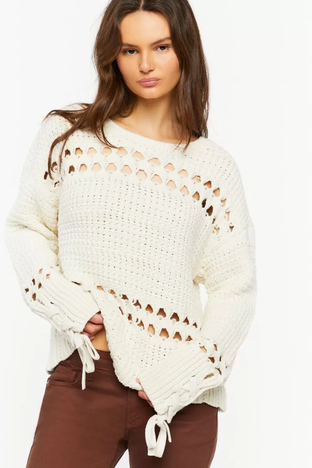 Forever 21 Pointelle Lace-Up Cutout Sweater | Women Tops