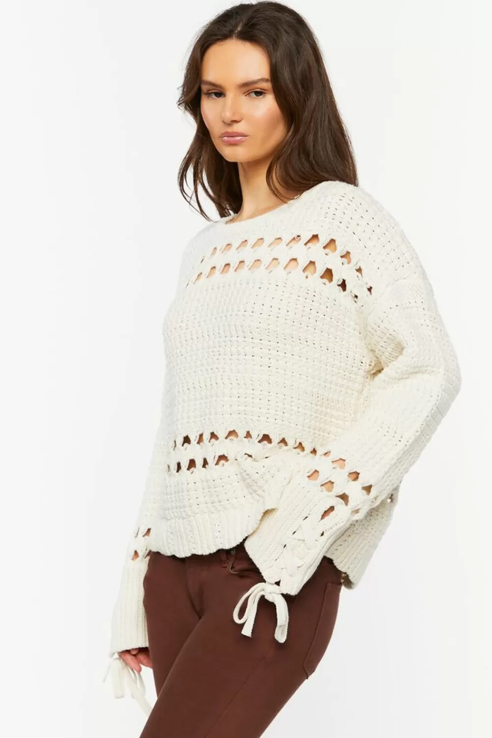 Forever 21 Pointelle Lace-Up Cutout Sweater | Women Tops