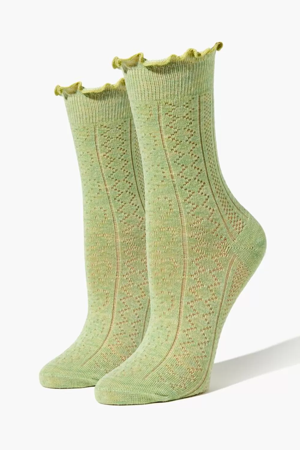 Socks + Tights>Forever 21 Pointelle Lettuce-Edge Crew Socks Green