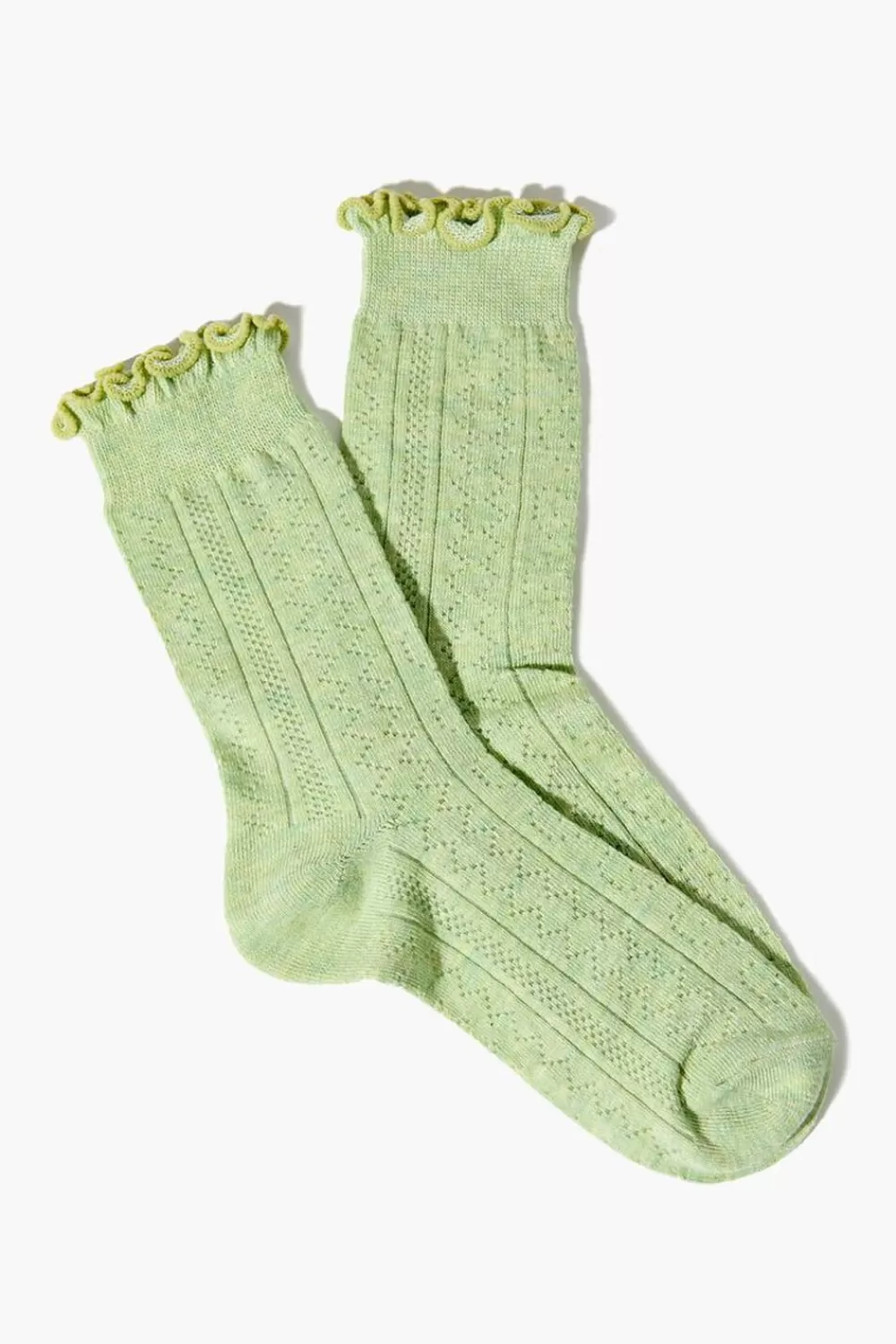 Socks + Tights>Forever 21 Pointelle Lettuce-Edge Crew Socks Green