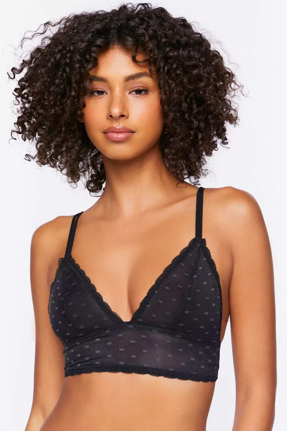 Loungewear>Forever 21 Polka Dot Lace-Trim Mesh Bralette Black