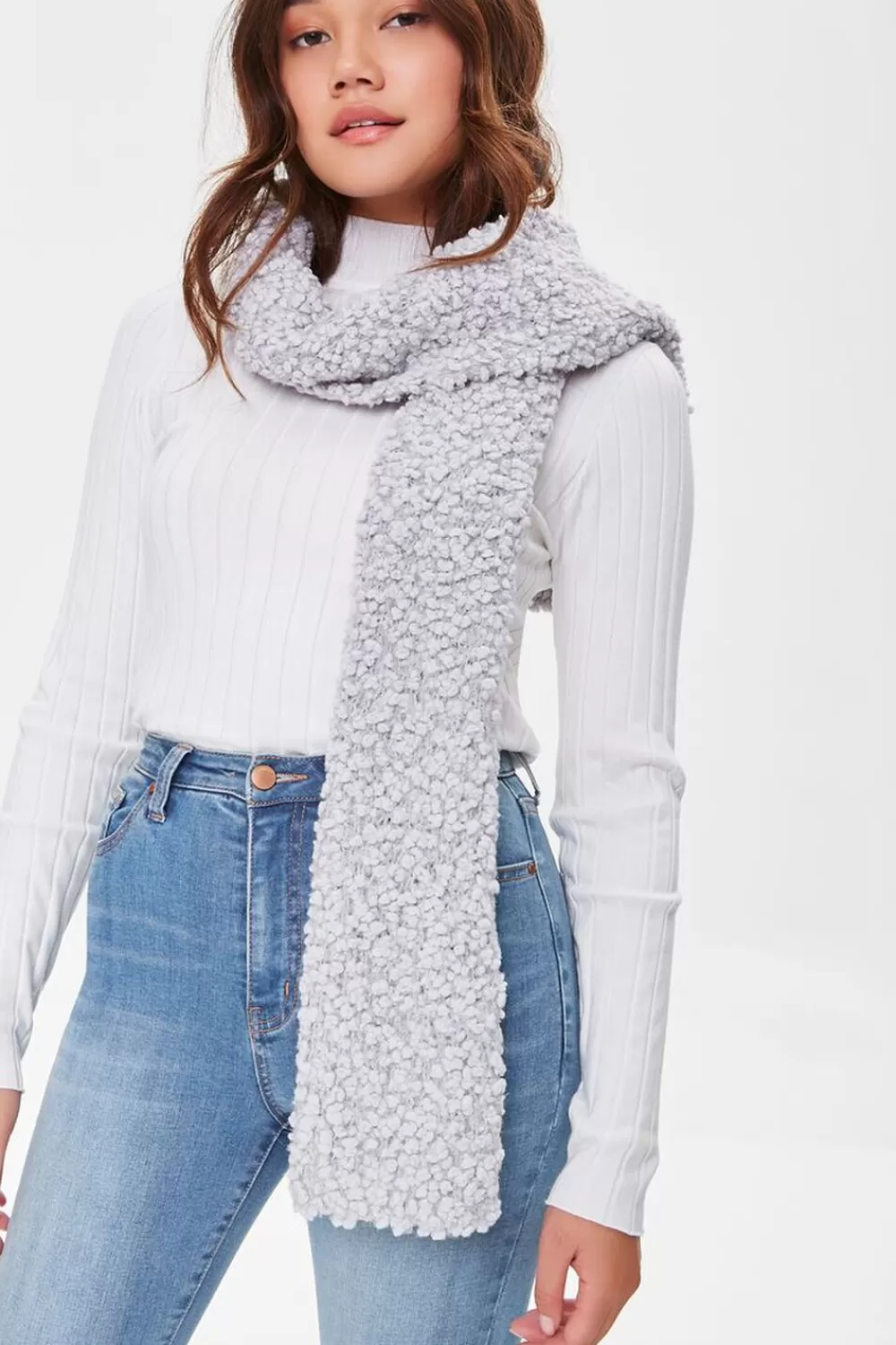 Scarves + Gloves>Forever 21 Popcorn Knit Oblong Scarf Light Grey