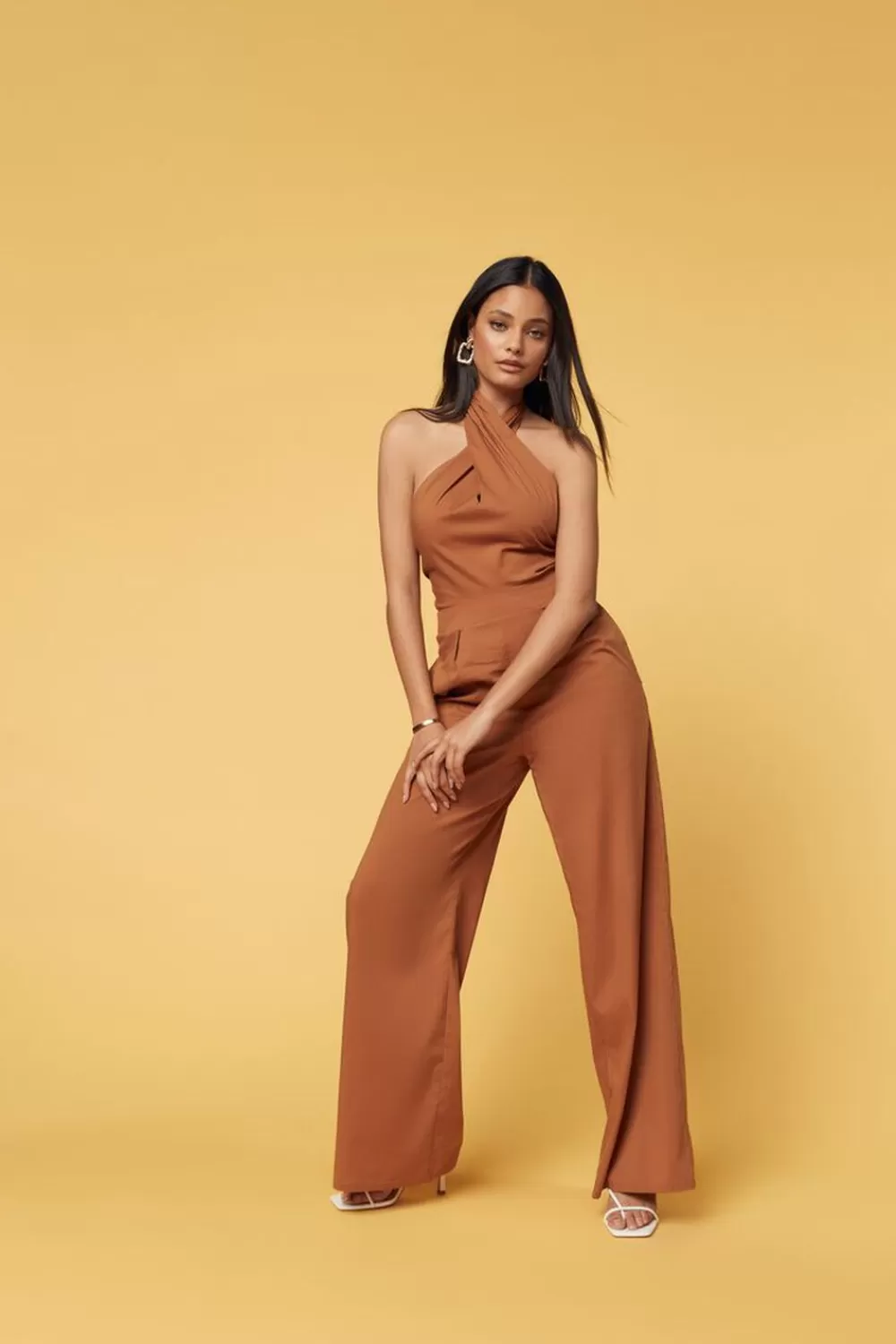 Rompers + Jumpsuits>Forever 21 Poplin Halter Wide-Leg Jumpsuit Brown