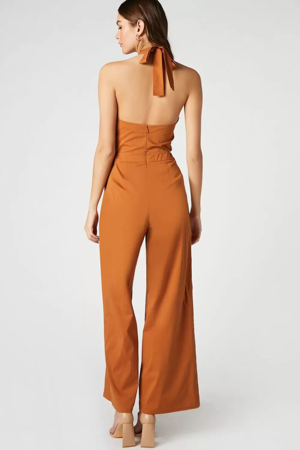 Rompers + Jumpsuits>Forever 21 Poplin Halter Wide-Leg Jumpsuit Brown