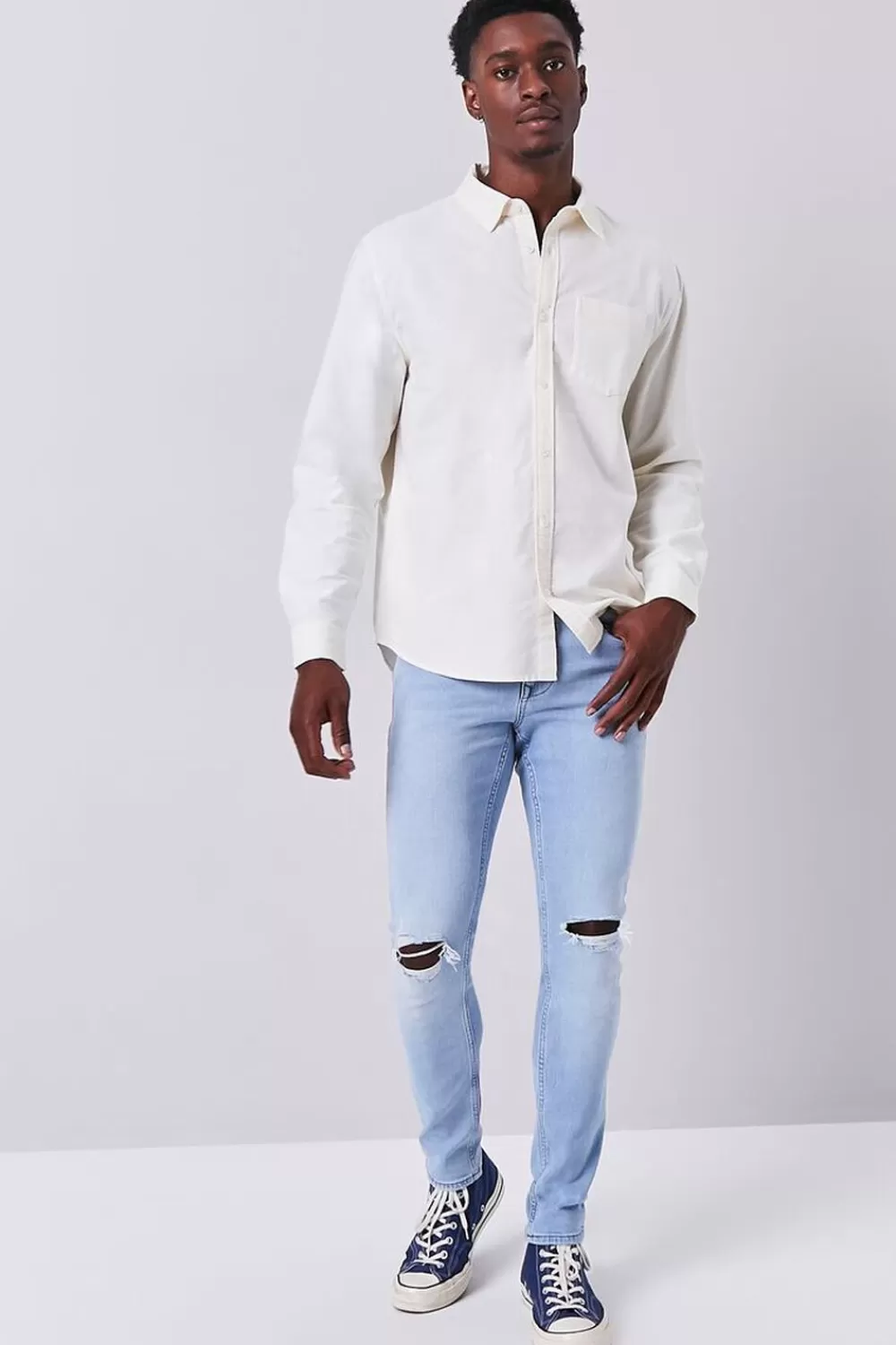 Jeans + Denim>Forever 21 Premium Distressed Slim-Fit Jeans Light Denim
