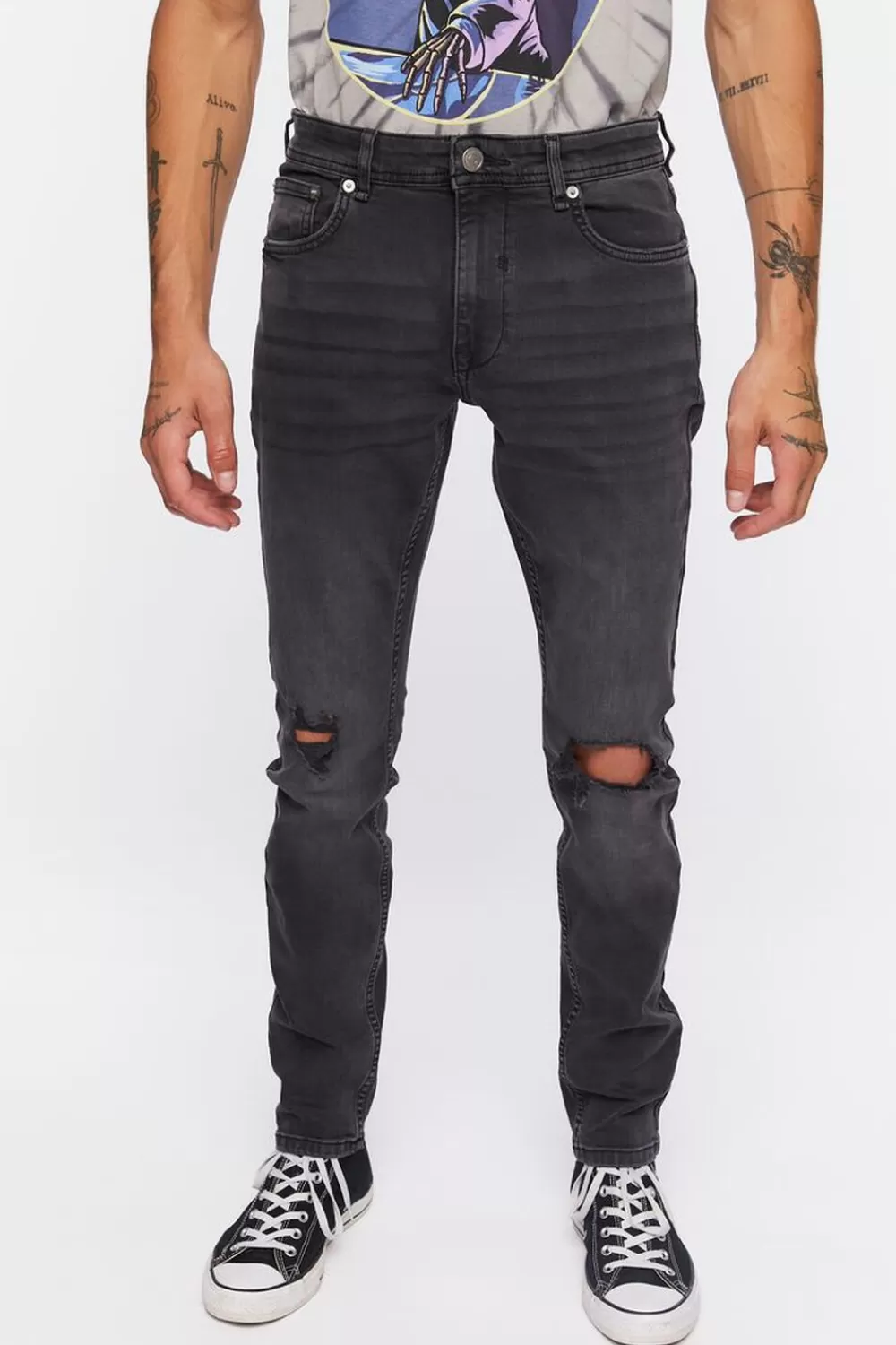 Jeans + Denim>Forever 21 Premium Distressed Slim-Fit Jeans Black