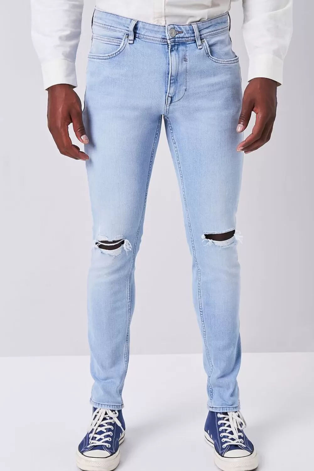 Jeans + Denim>Forever 21 Premium Distressed Slim-Fit Jeans Light Denim