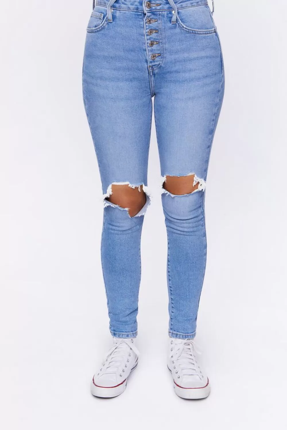 Bottoms>Forever 21 Recycled Cotton Distressed Skinny Jeans Light Denim