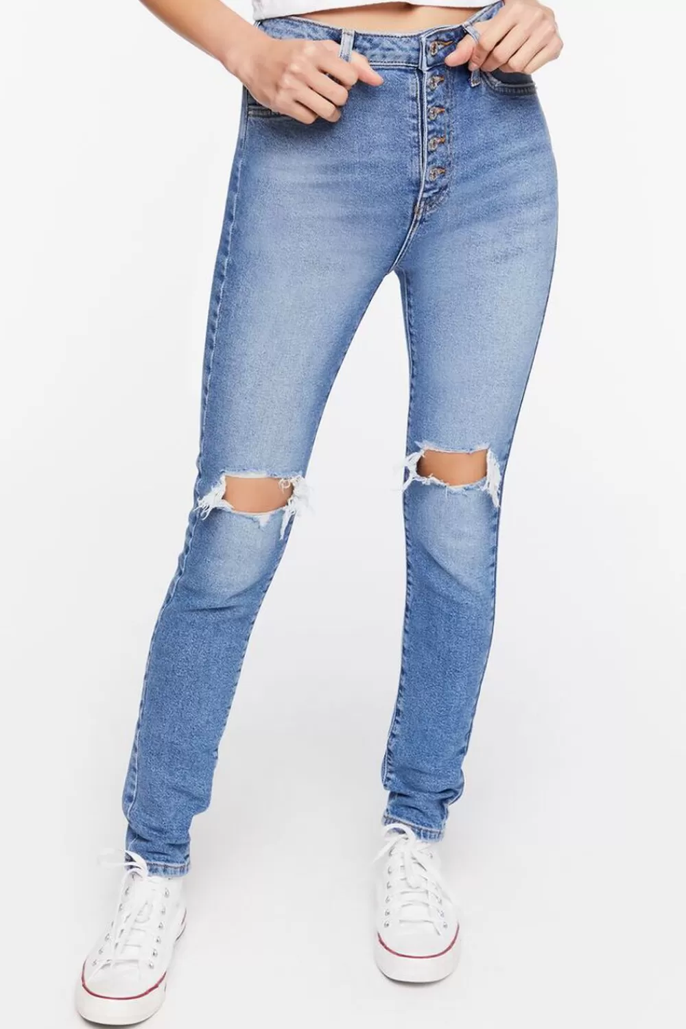 Jeans + Denim>Forever 21 Recycled Cotton Distressed Skinny Jeans Medium Denim