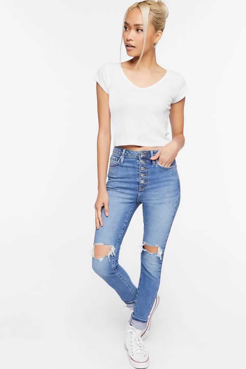 Jeans + Denim>Forever 21 Recycled Cotton Distressed Skinny Jeans Medium Denim