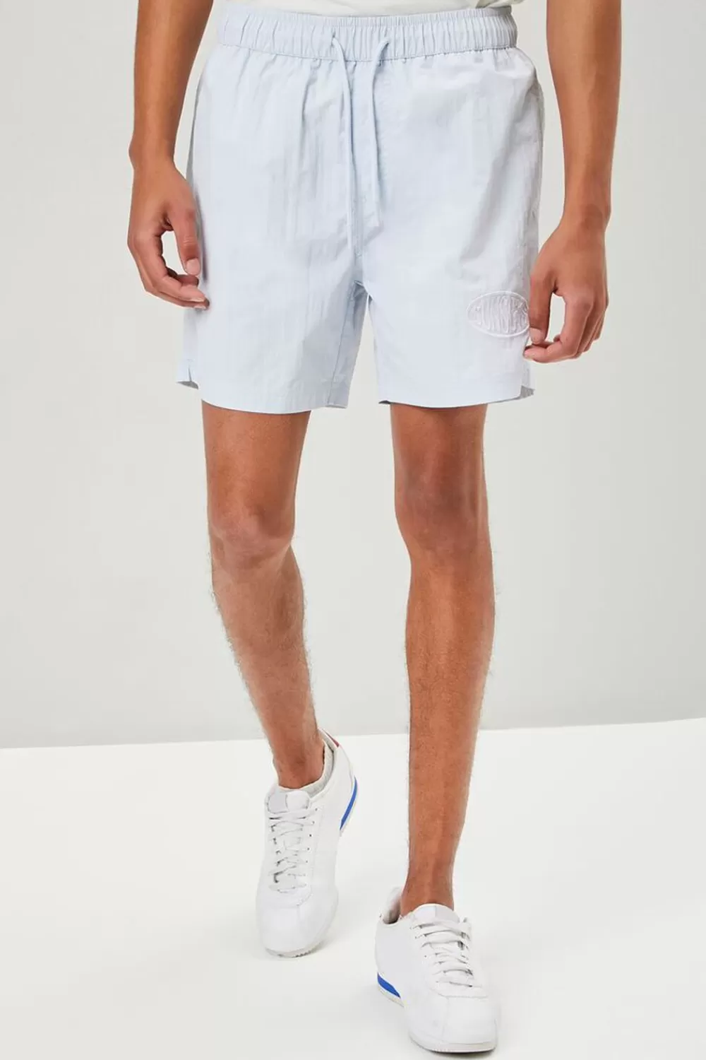 Bottoms>Forever 21 Recycled Nylon Graphic Swim Trunks Light Blue/Multi